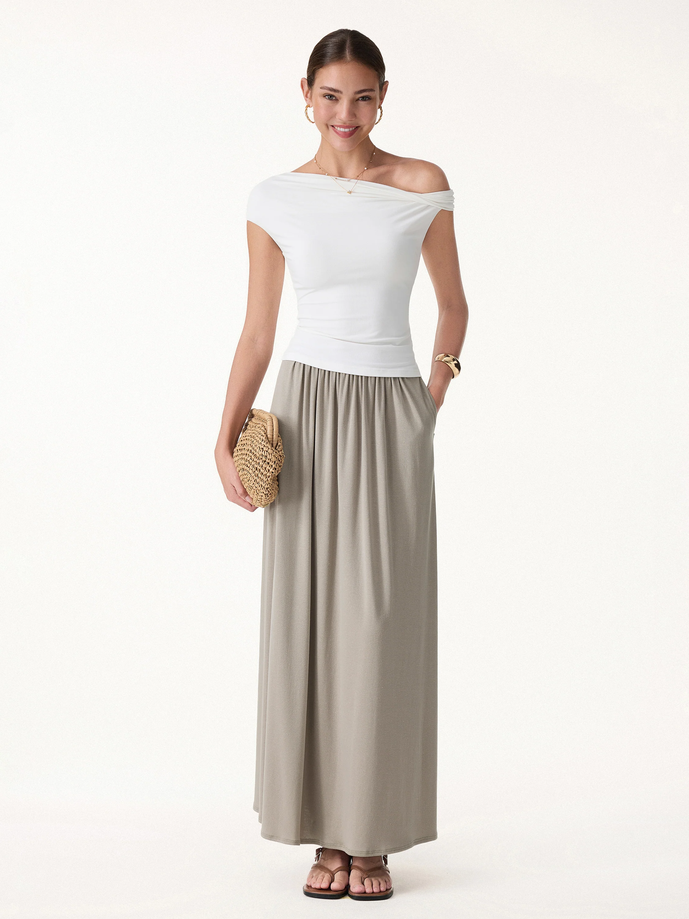 2Pcs Set Spaghetti Bra Top with Side Slit & A-Line Maxi Skirt with Pockets - Image 5
