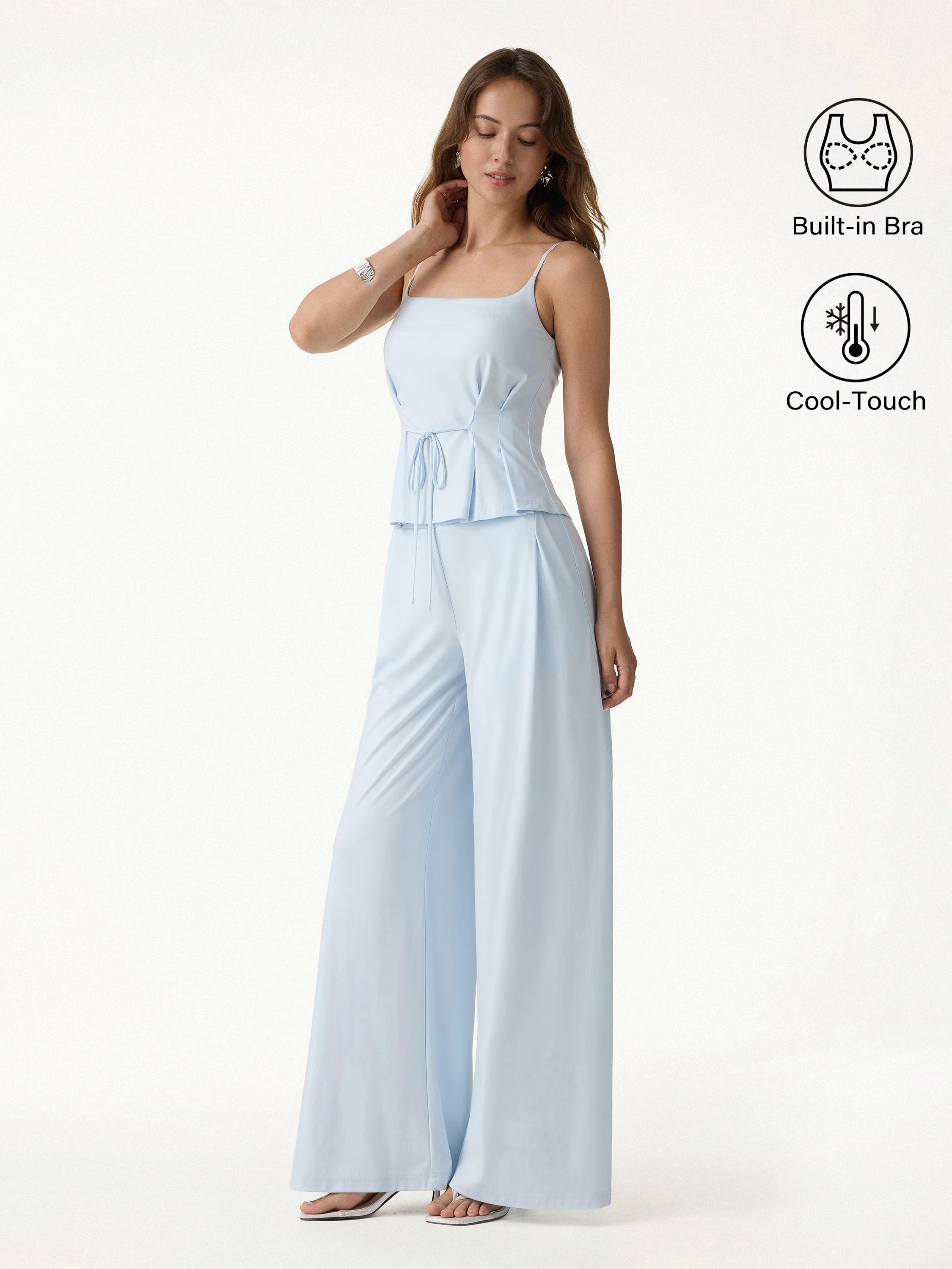 2Pcs Set Spaghetti Brami & Wide Leg Pants with Pockets - Image 2