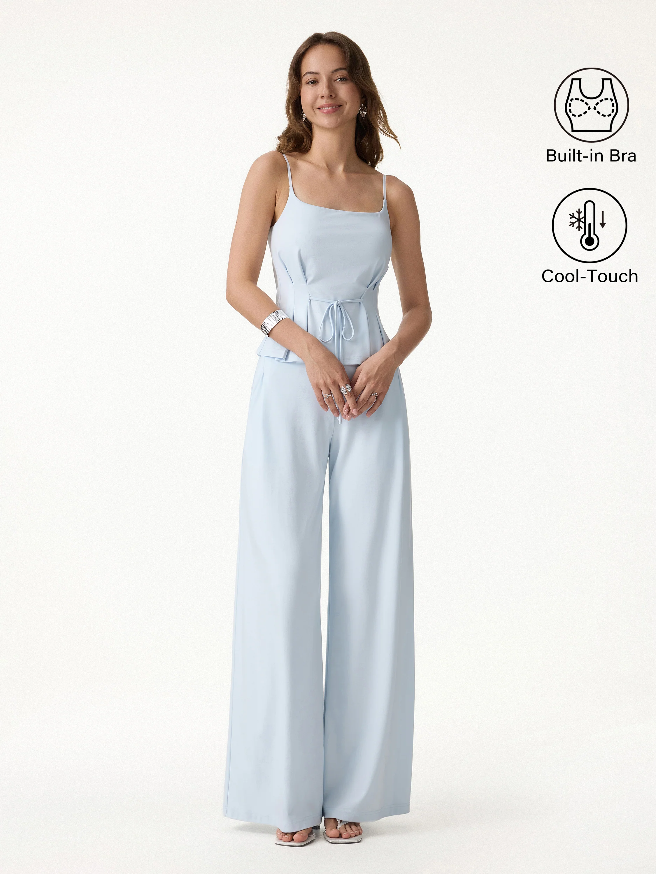 2Pcs Set Spaghetti Brami & Wide Leg Pants with Pockets - Image 4
