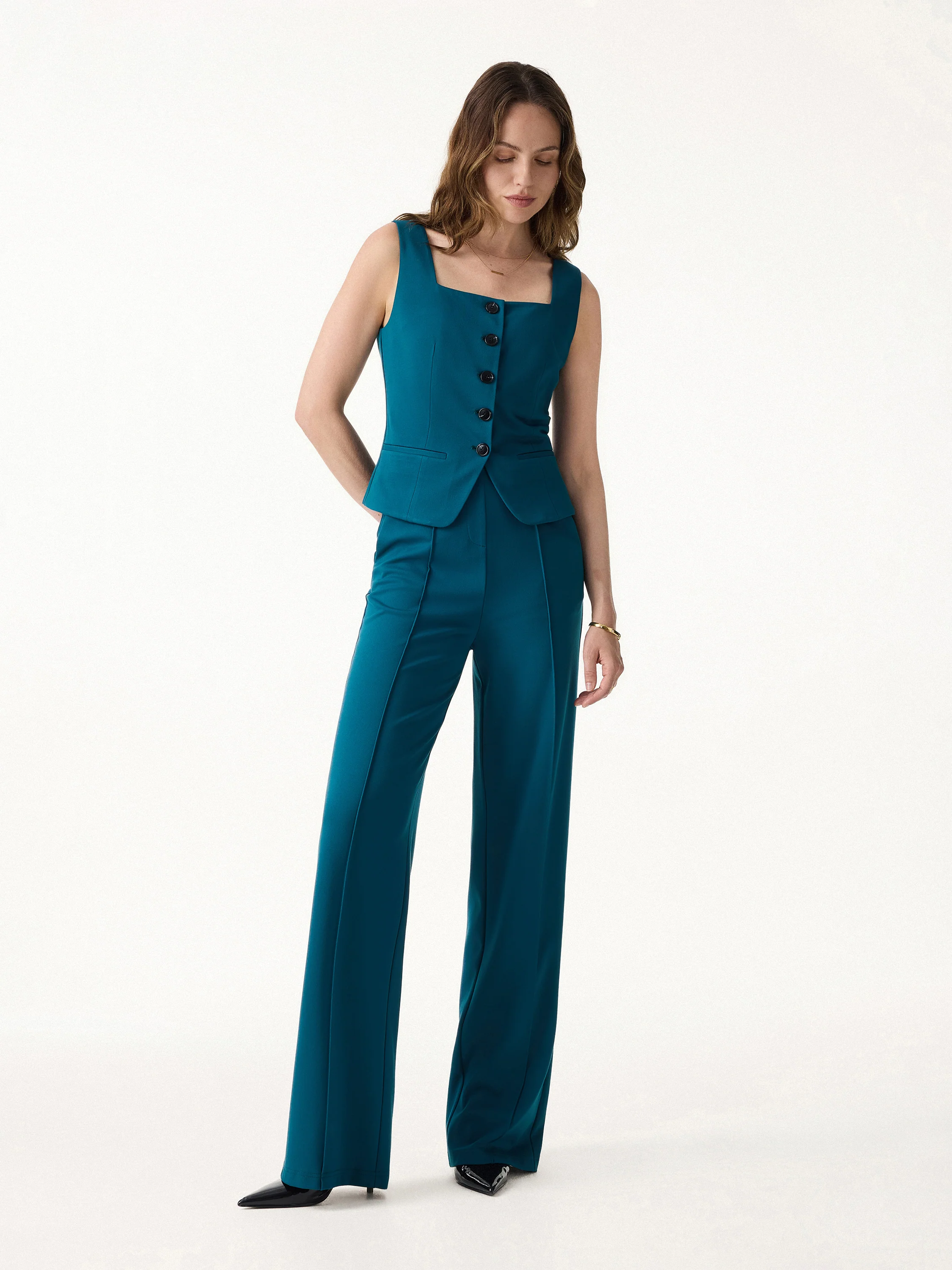 2Pcs Set Square Neck Waistcoat with Pockets & Wide Leg Ankled Pant - Image 2
