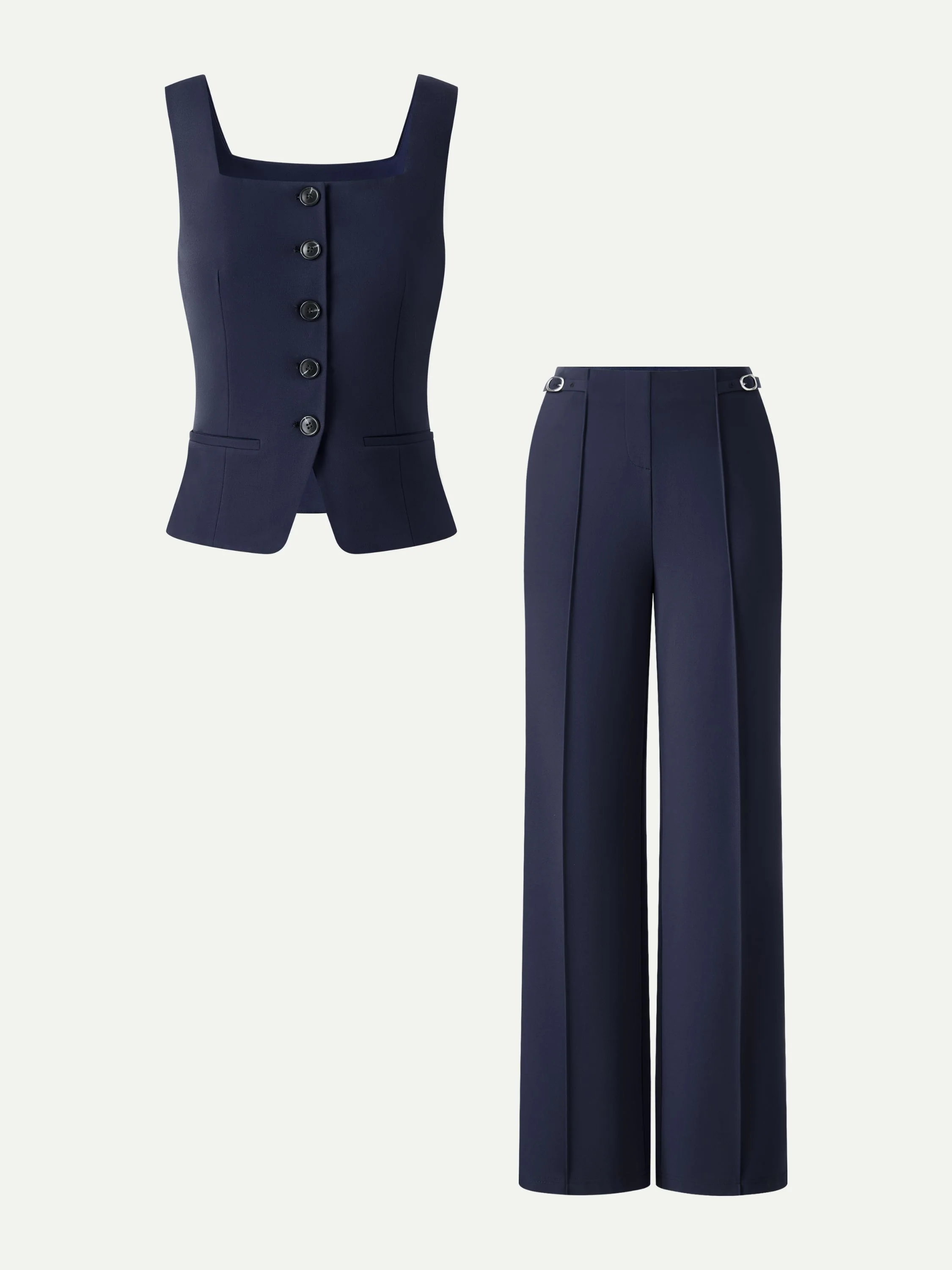 2Pcs Set Square Neck Waistcoat with Pockets & Wide Leg Ankled Pant - Image 7