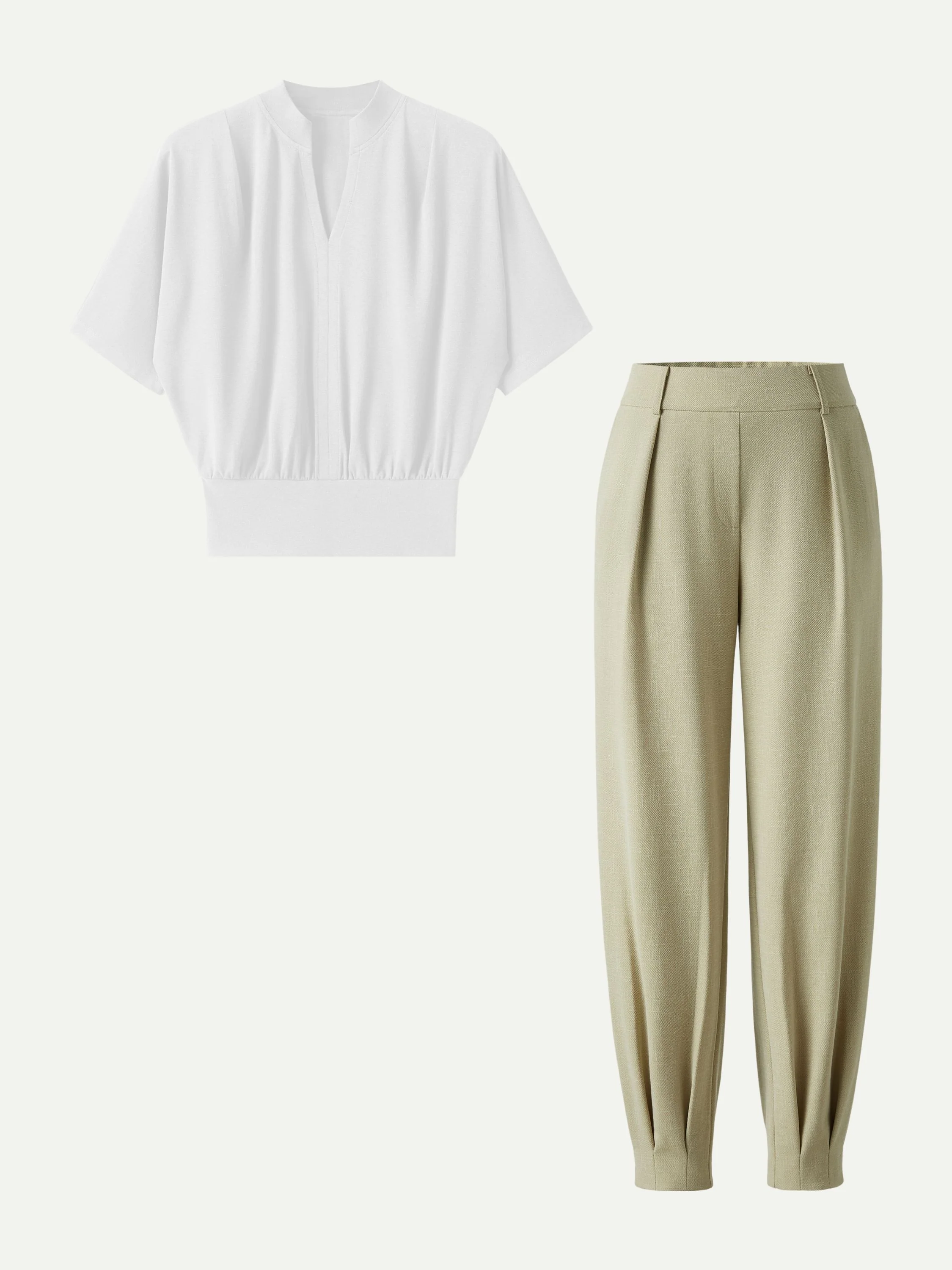 2Pcs Set Stand Collar V-Neck Top & Wrinkle-Resistant Tapered Pant - Image 2