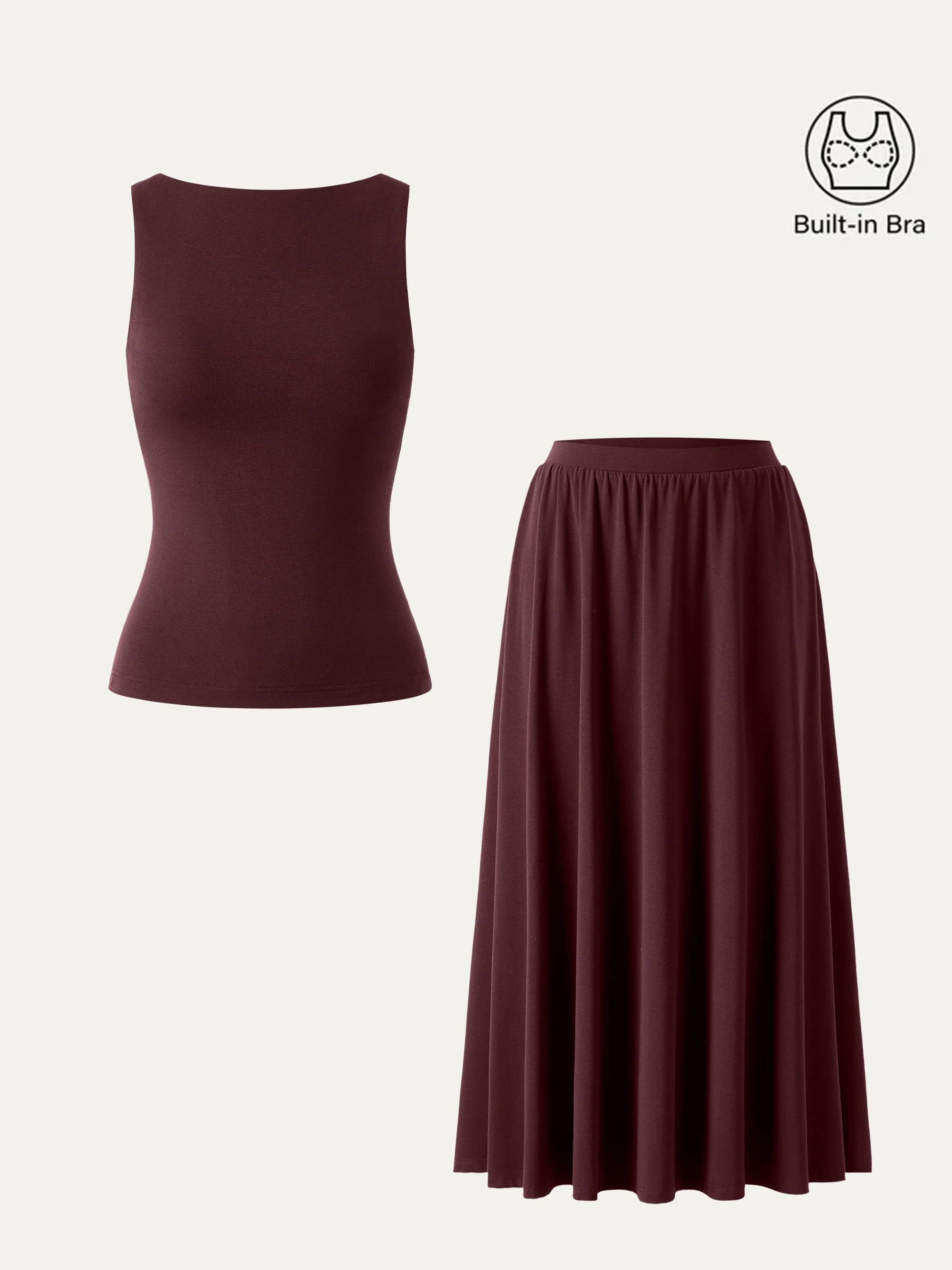 2Pcs Set Stretch Cotton Boatneck Bra Tank & Maxi Umbrella Skirt with Pockets - Image 2
