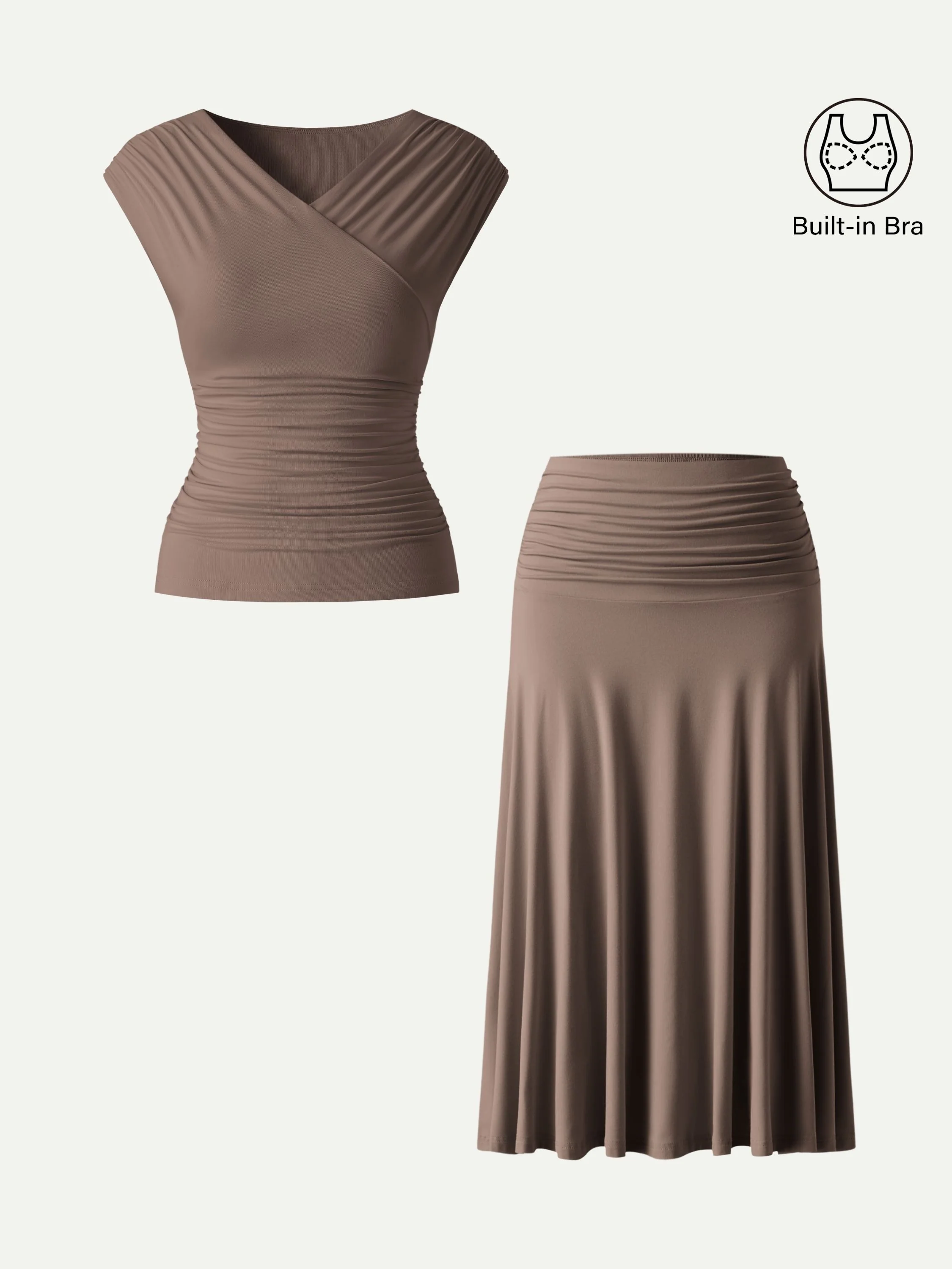 2Pcs Set Surplice V-Neck Bra Top & Side Ruched A-line Midi Skirt - Image 6