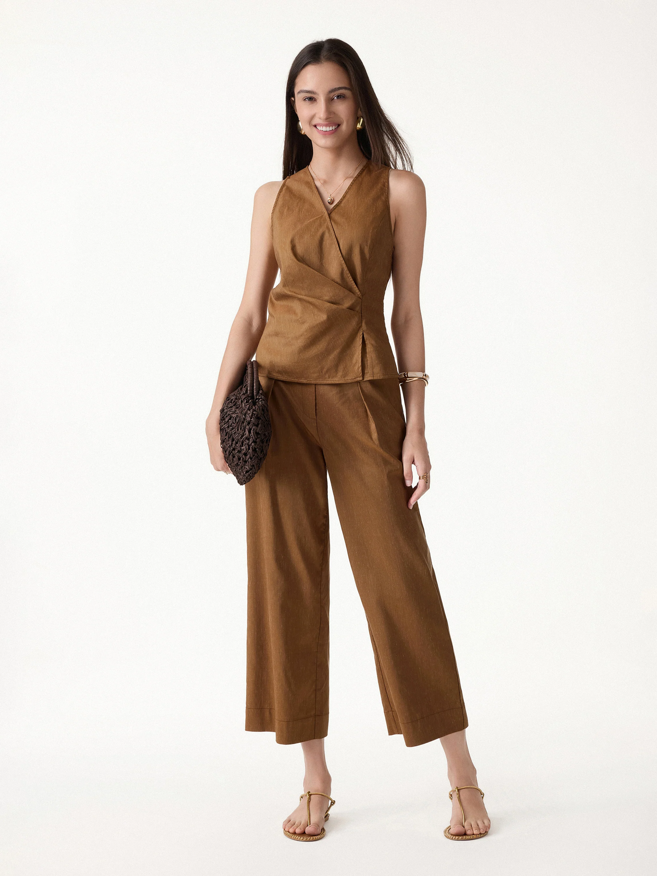 2Pcs Set Top with Side Twist & Cropped Wide Leg Pants