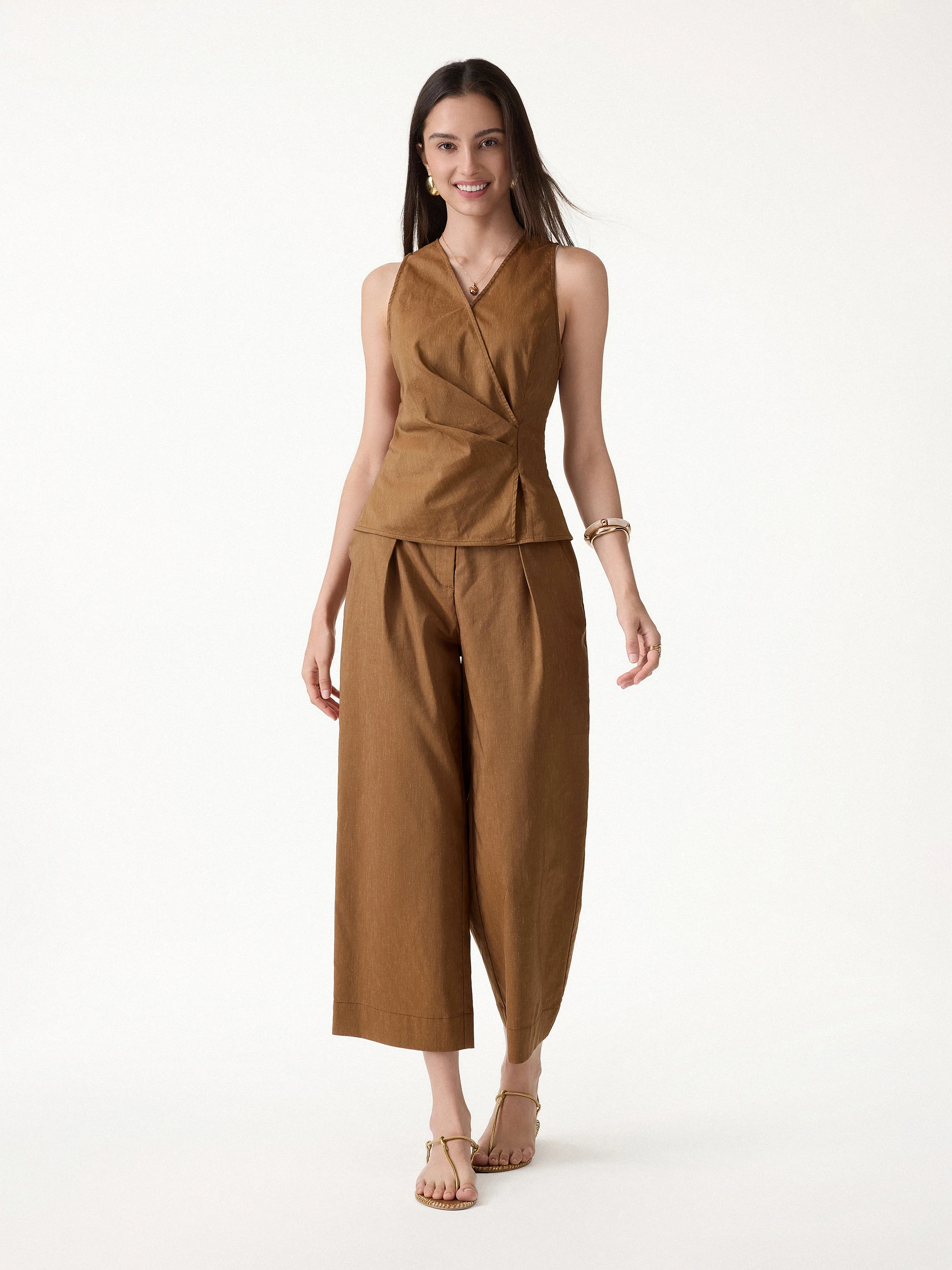 2Pcs Set Top with Side Twist & Cropped Wide Leg Pants - Image 2