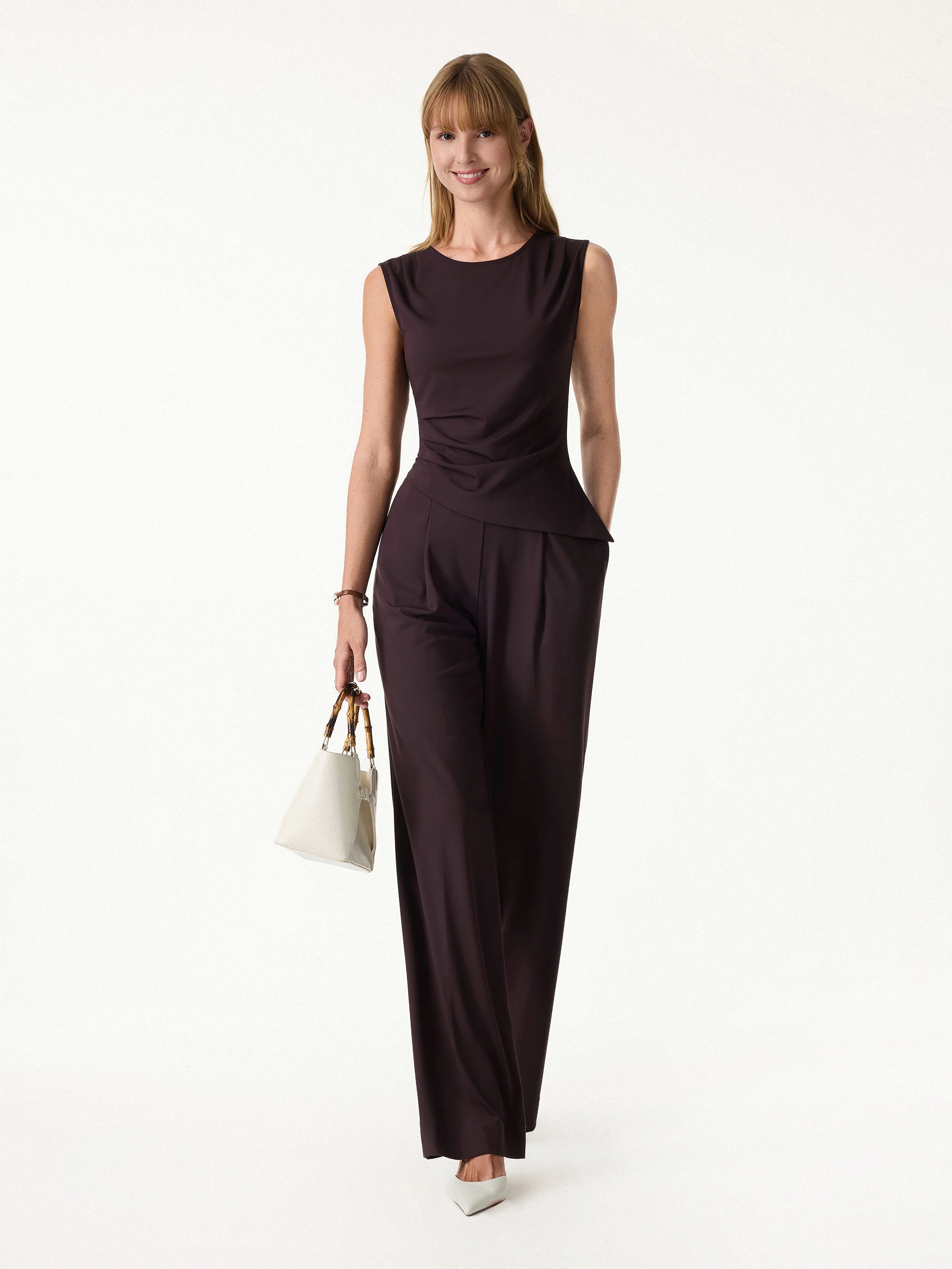 2Pcs Set Tucked Asymmetrical Hem Top & High Rise Wide Leg Pant - Image 4