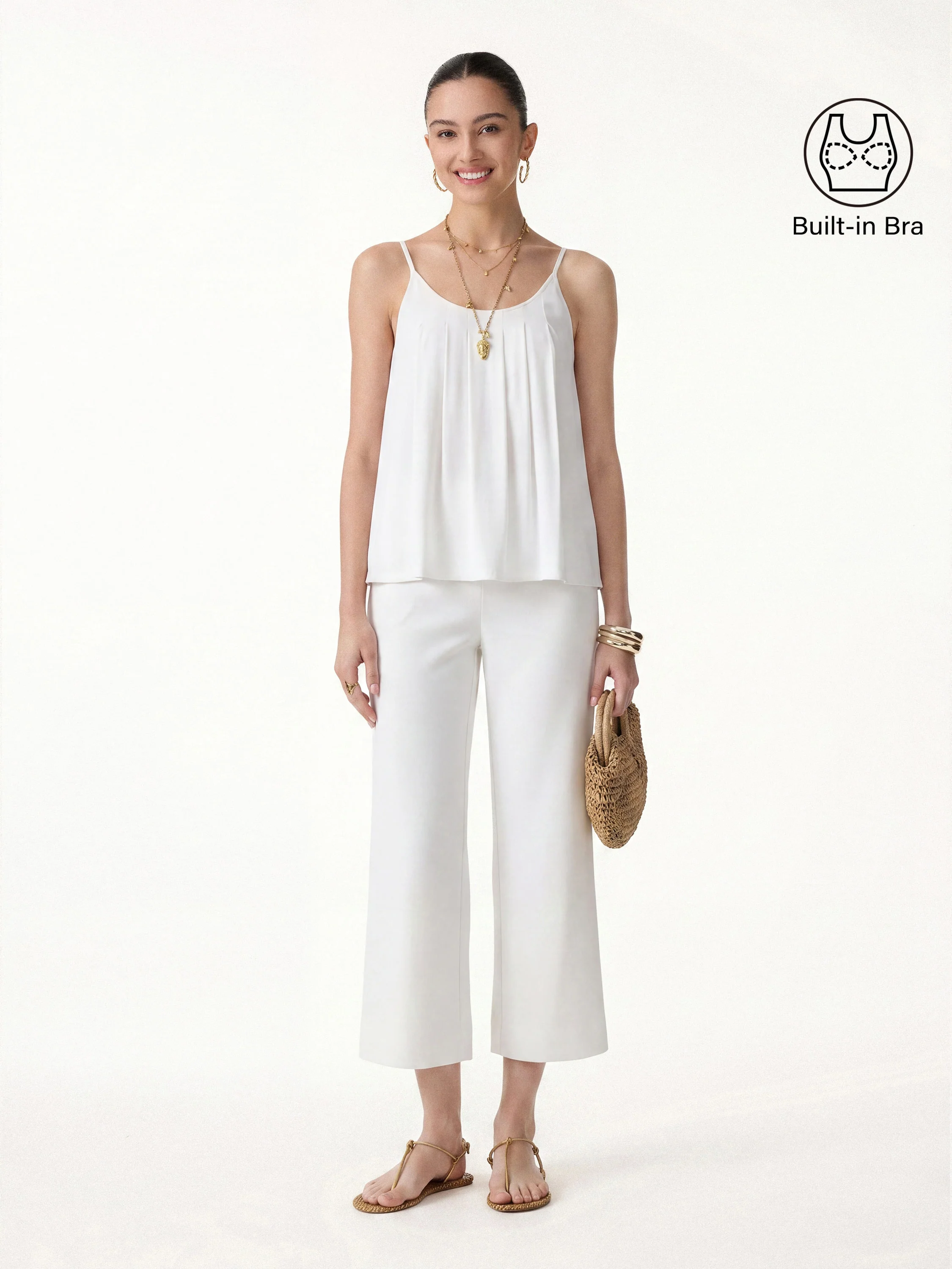 2Pcs Set U-Neck Bra Tank & Cropped Pants with Pockets