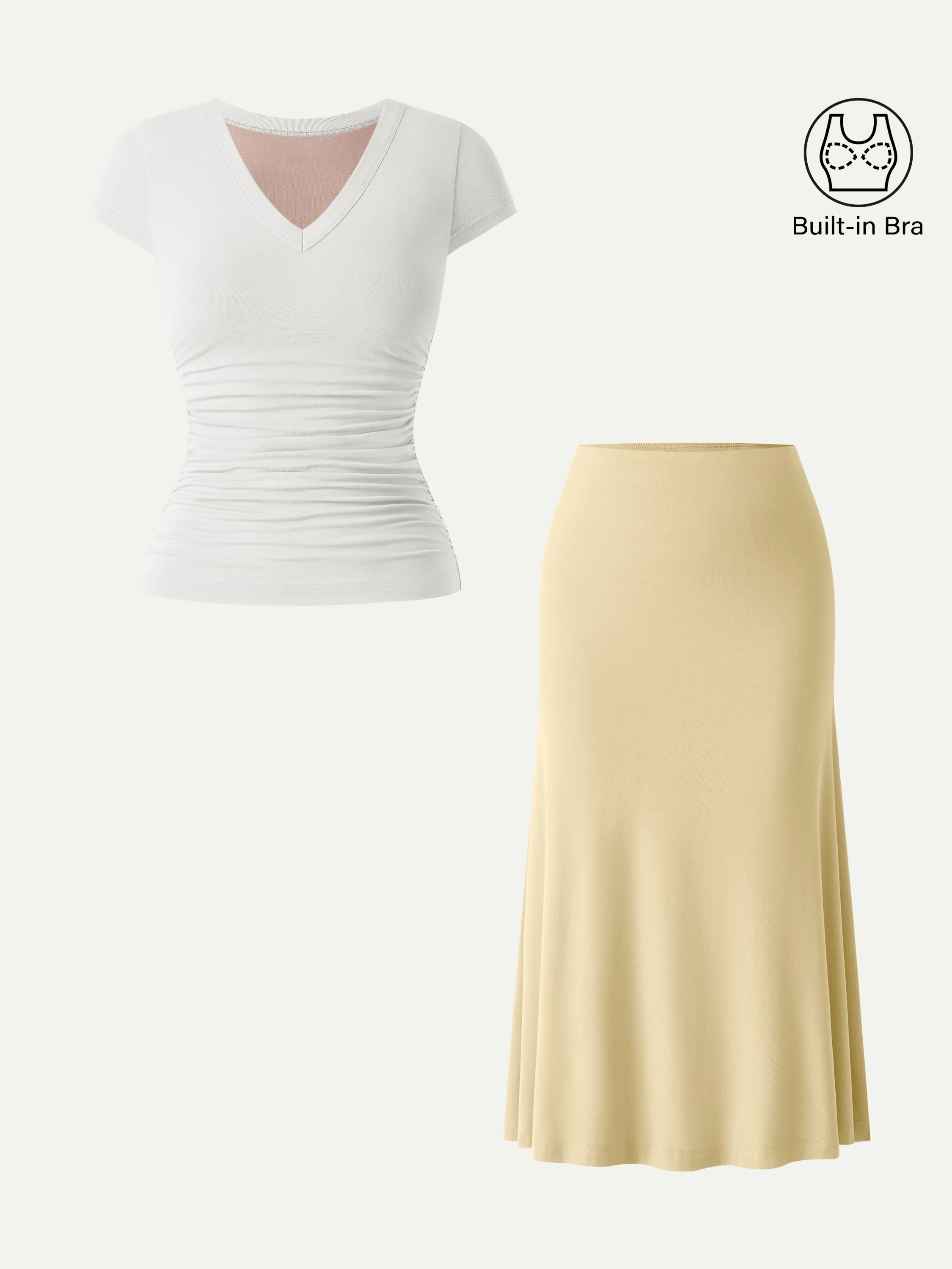 2Pcs Set V-neck Cap Sleeve Bra Tee & Pull-on Mermaid Midi Skirt - Image 3