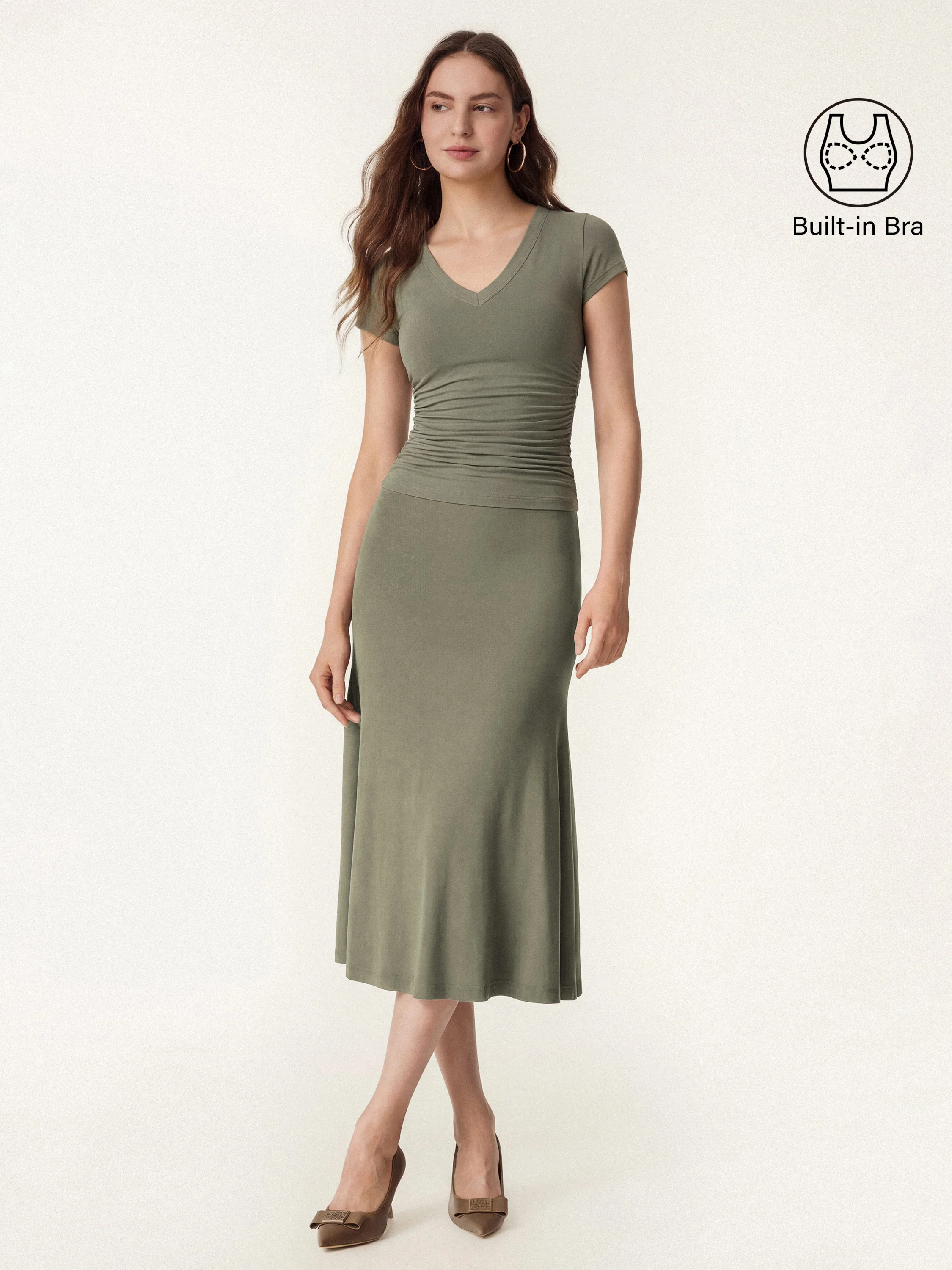2Pcs Set V-neck Cap Sleeve Bra Tee & Pull-on Mermaid Midi Skirt - Image 4