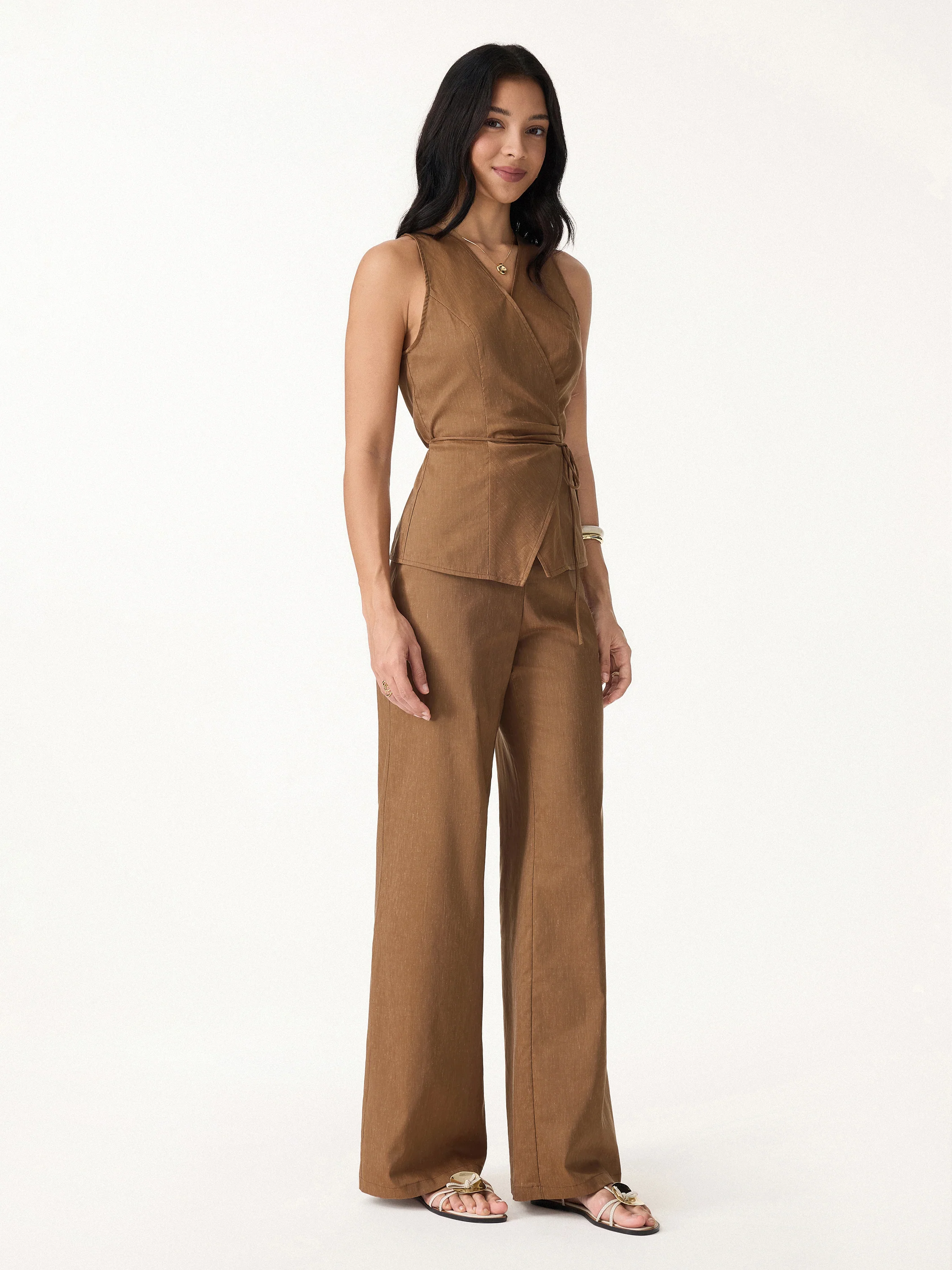 2Pcs Set Wrap Top with Self-Tie & Drawstring Wide Leg Pant with Pockets