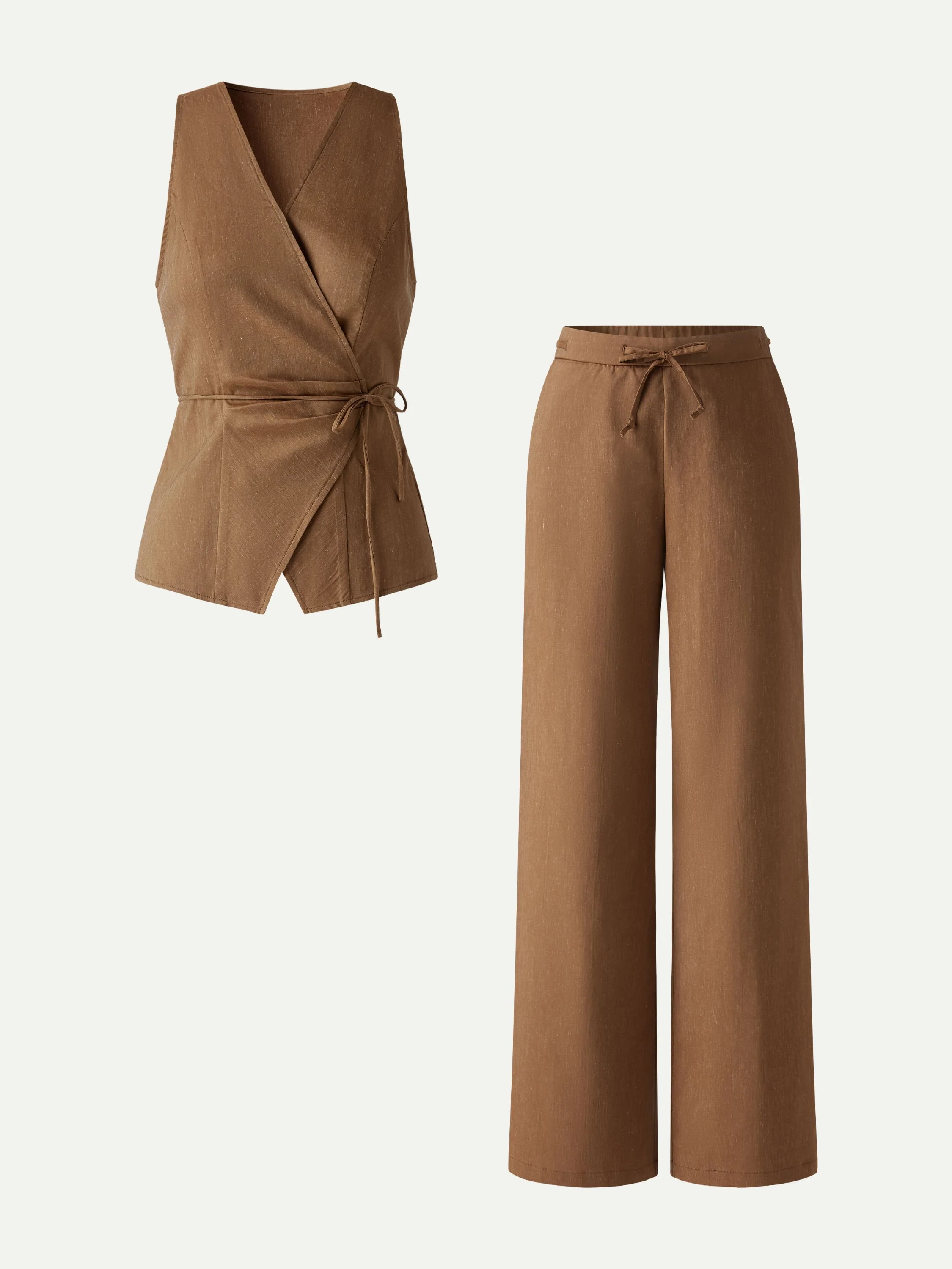 2Pcs Set Wrap Top with Self-Tie & Drawstring Wide Leg Pant with Pockets - Image 11