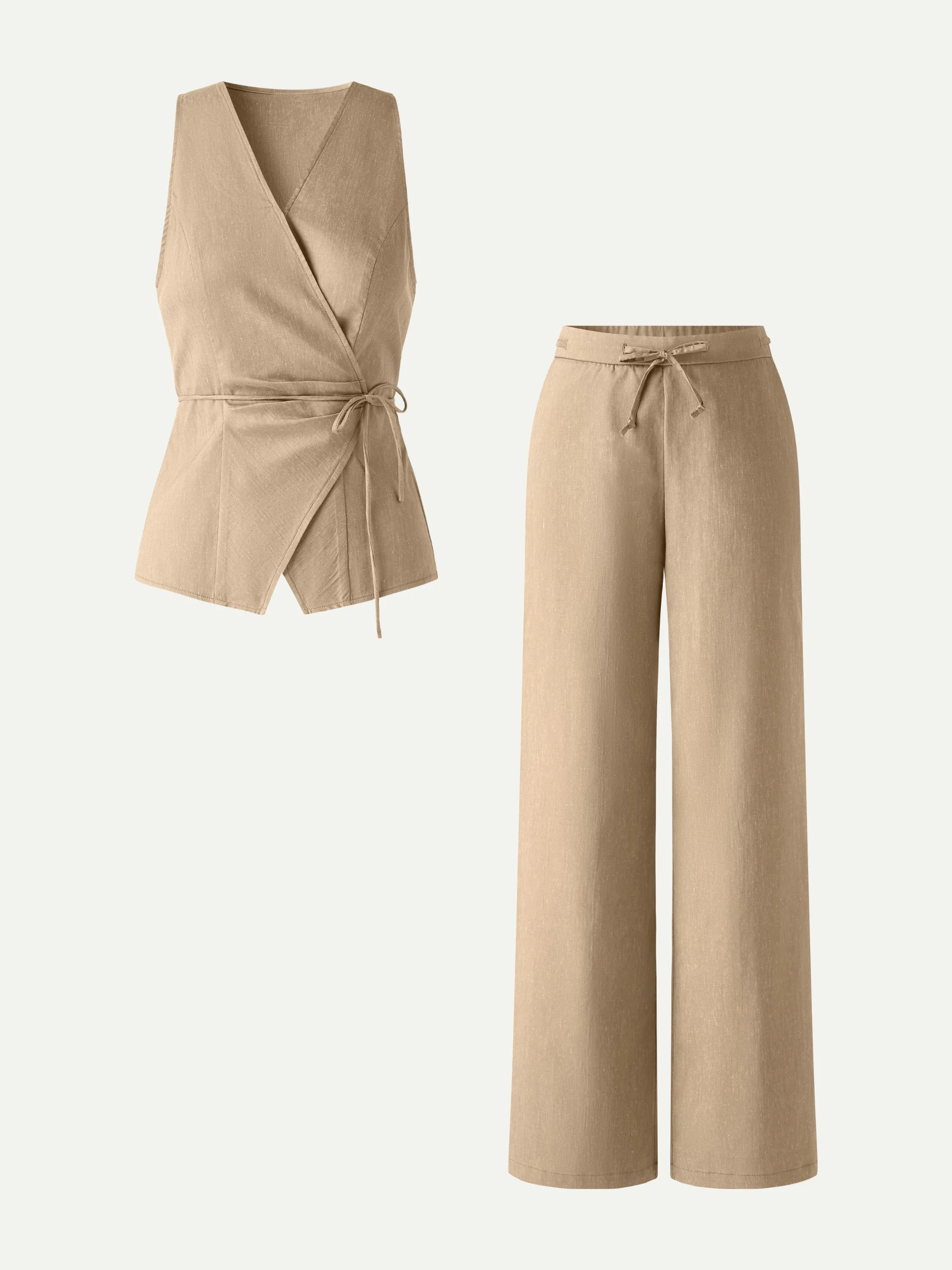2Pcs Set Wrap Top with Self-Tie & Drawstring Wide Leg Pant with Pockets - Image 12
