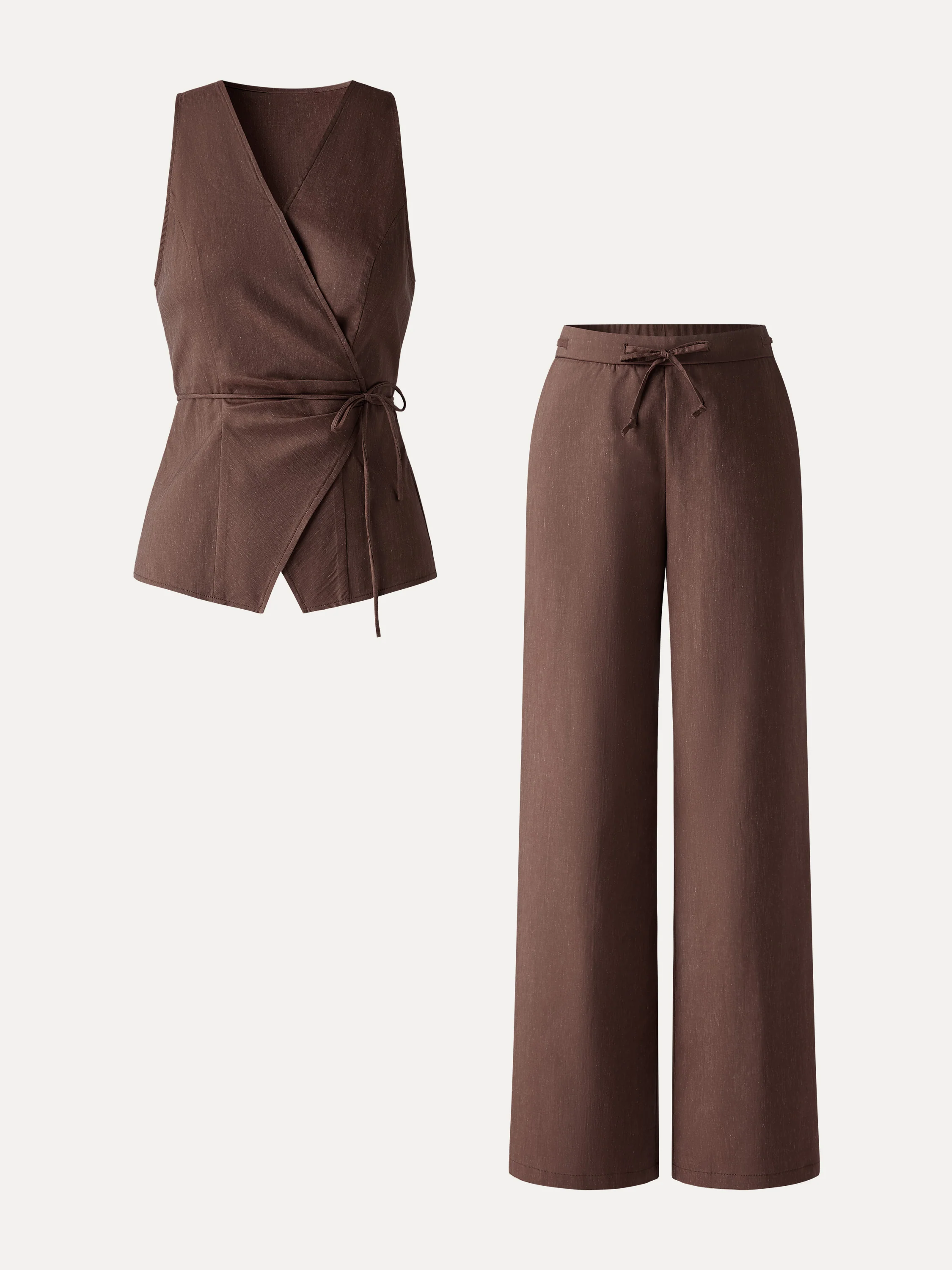 2Pcs Set Wrap Top with Self-Tie & Drawstring Wide Leg Pant with Pockets - Image 14