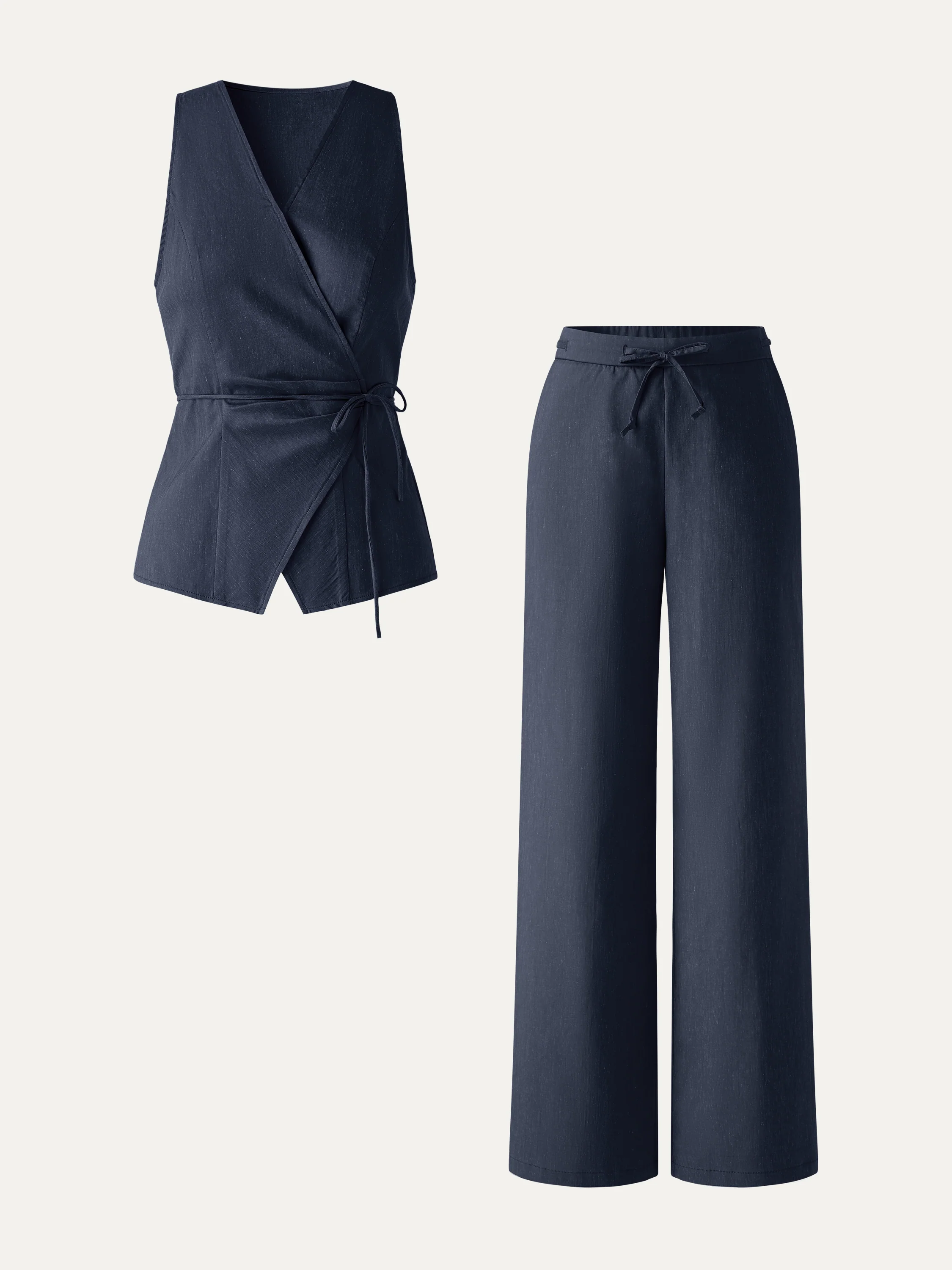 2Pcs Set Wrap Top with Self-Tie & Drawstring Wide Leg Pant with Pockets - Image 16