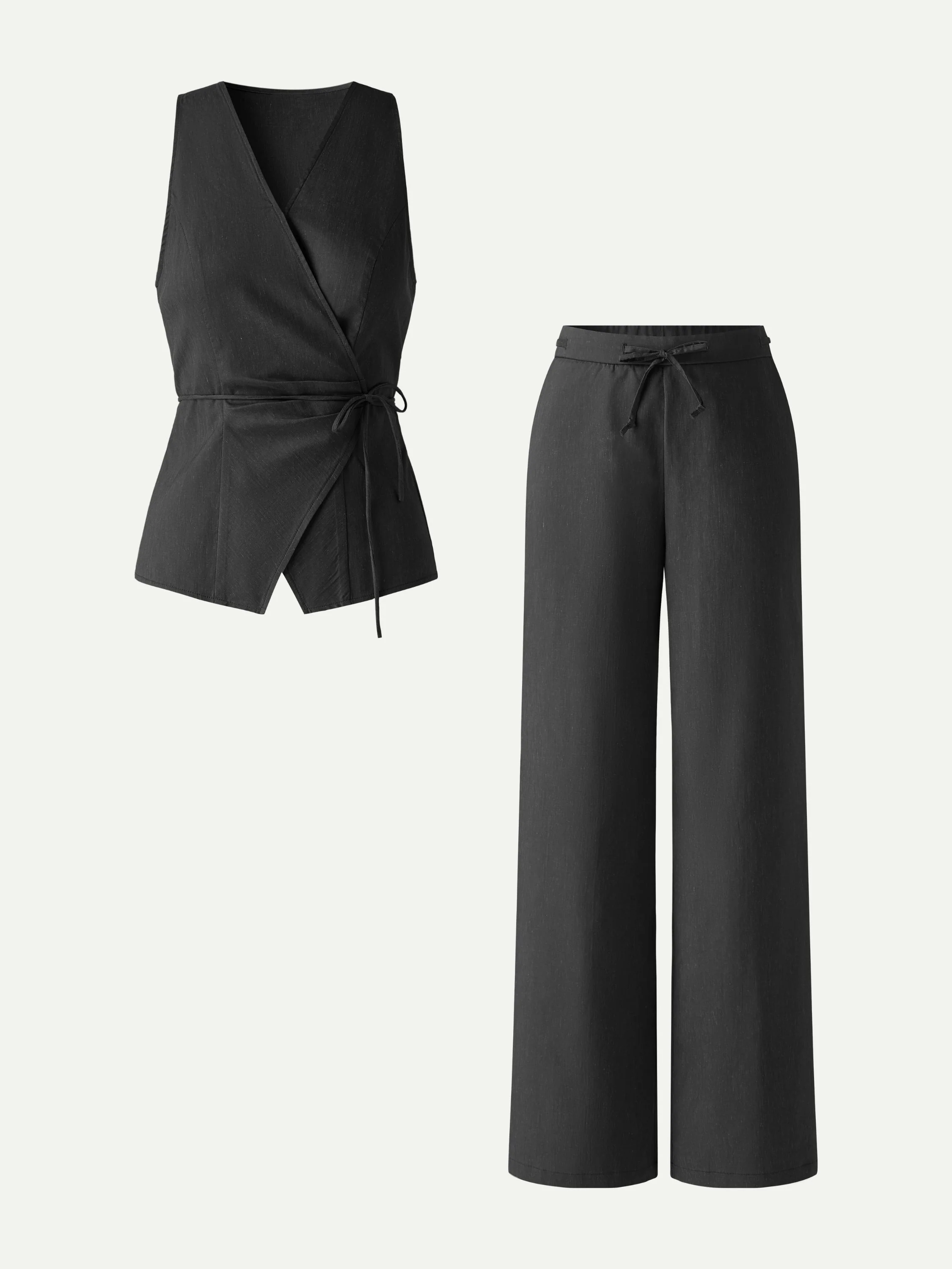2Pcs Set Wrap Top with Self-Tie & Drawstring Wide Leg Pant with Pockets - Image 17