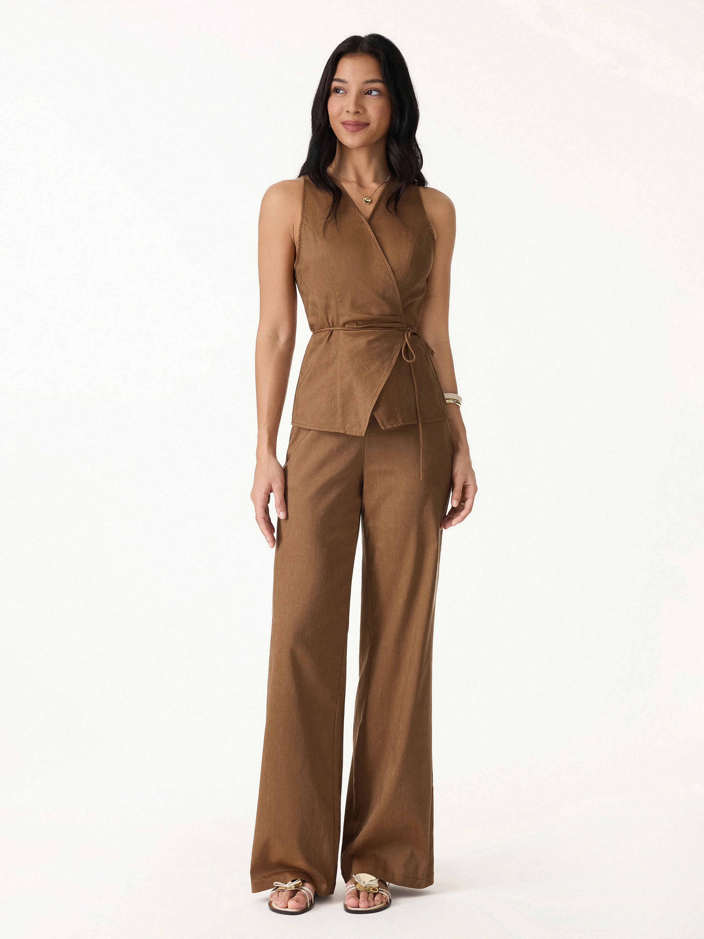 2Pcs Set Wrap Top with Self-Tie & Drawstring Wide Leg Pant with Pockets - Image 5