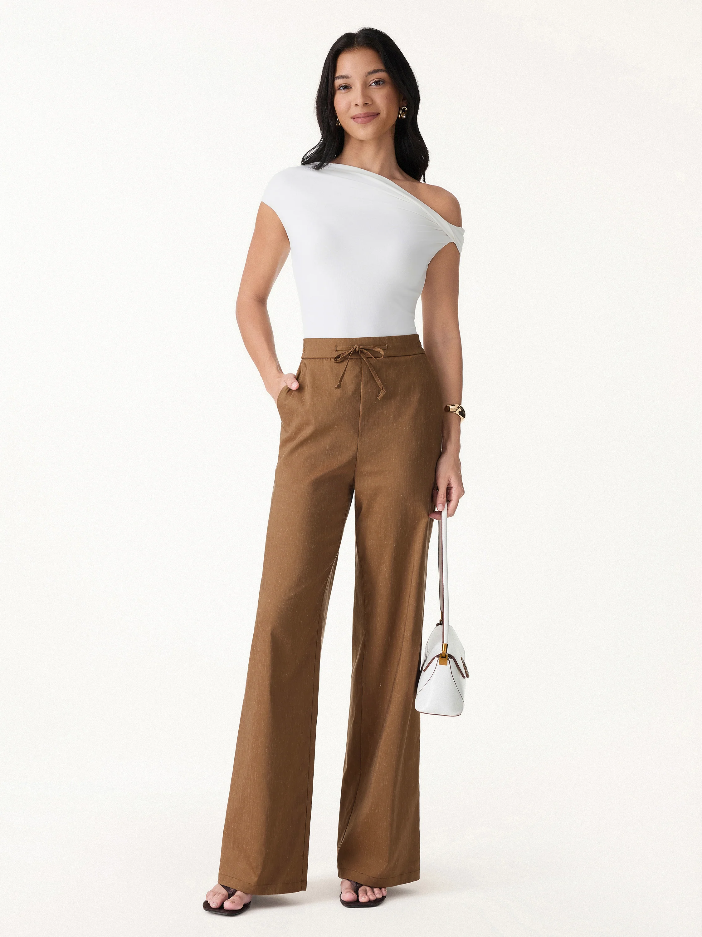 2Pcs Set Wrap Top with Self-Tie & Drawstring Wide Leg Pant with Pockets - Image 6
