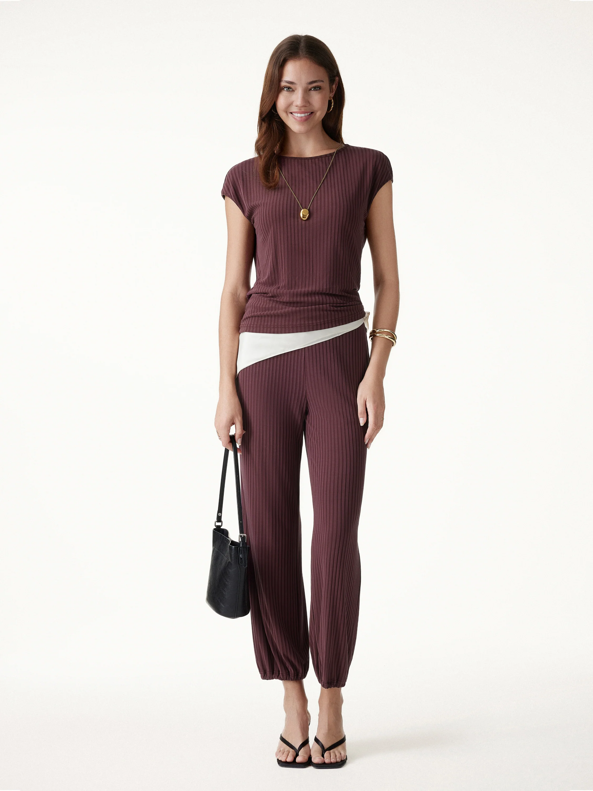 2Pcs Set Wrinkle-Free Cap Sleeve Top & Mid-Rise Cropped Pants - Image 2