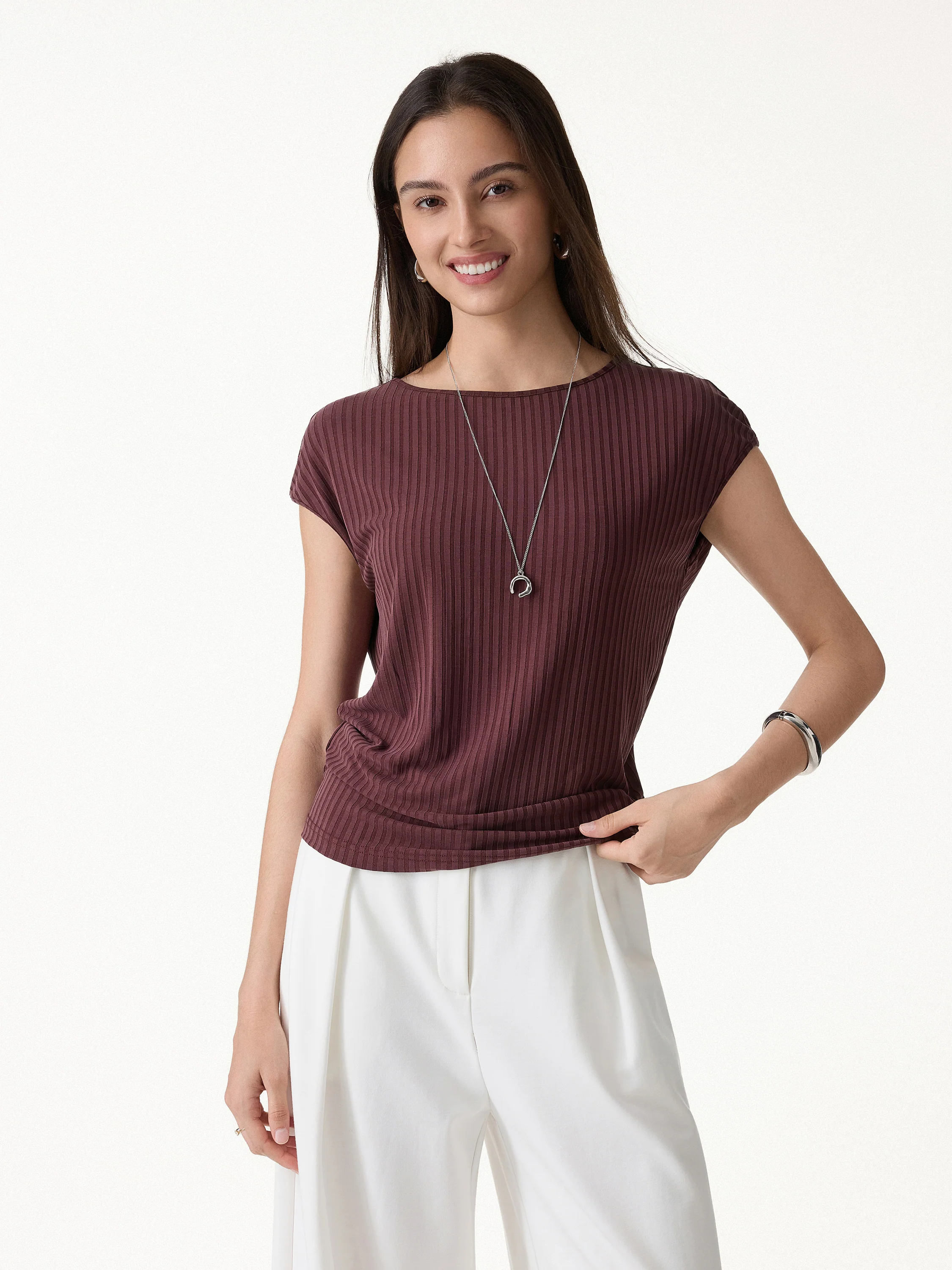 2Pcs Set Wrinkle-Free Cap Sleeve Top & Mid-Rise Cropped Pants - Image 5