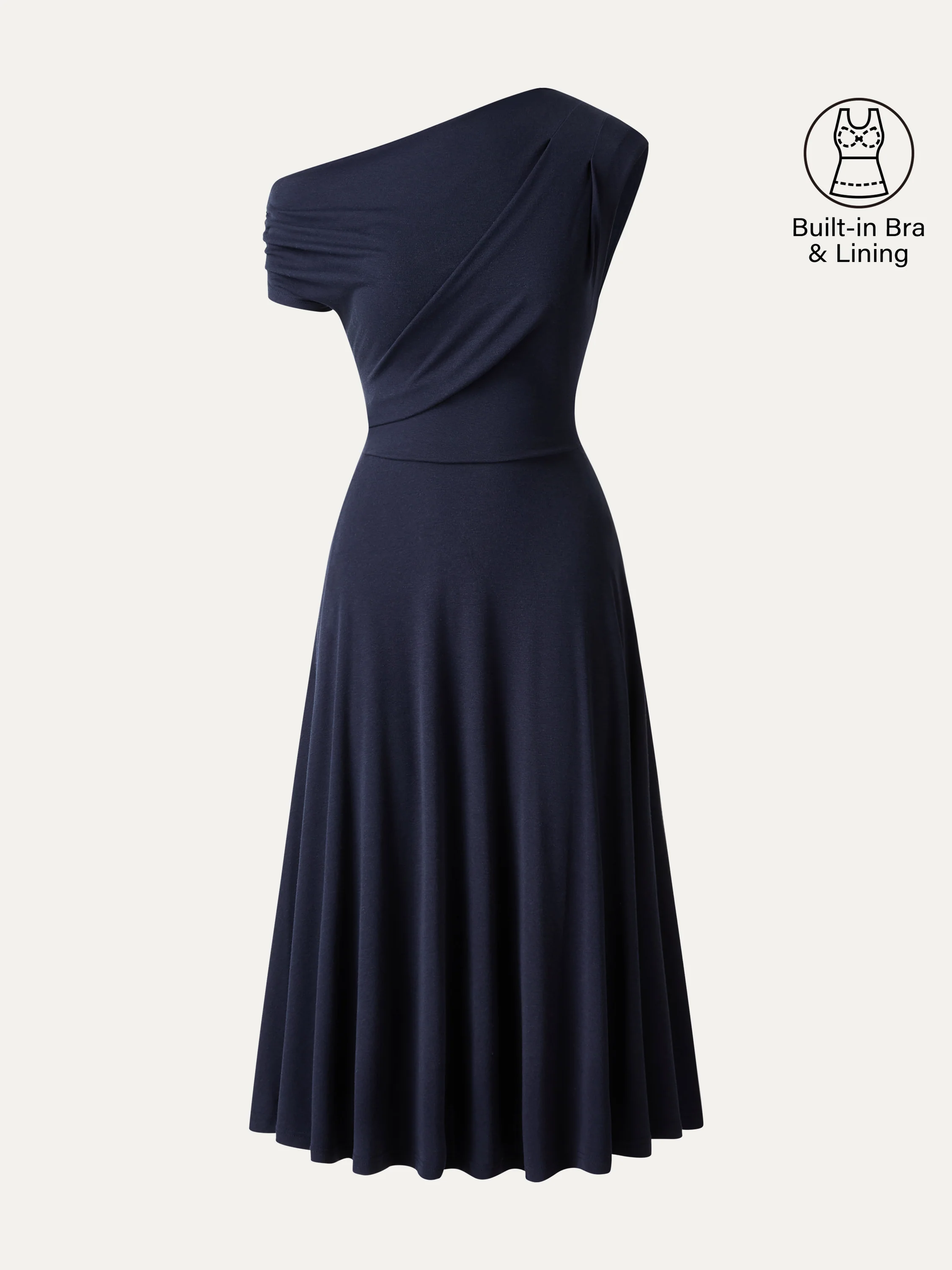 Asymmetrical Shoulder Tucked Midi Bra Dress with Pockets - Image 10