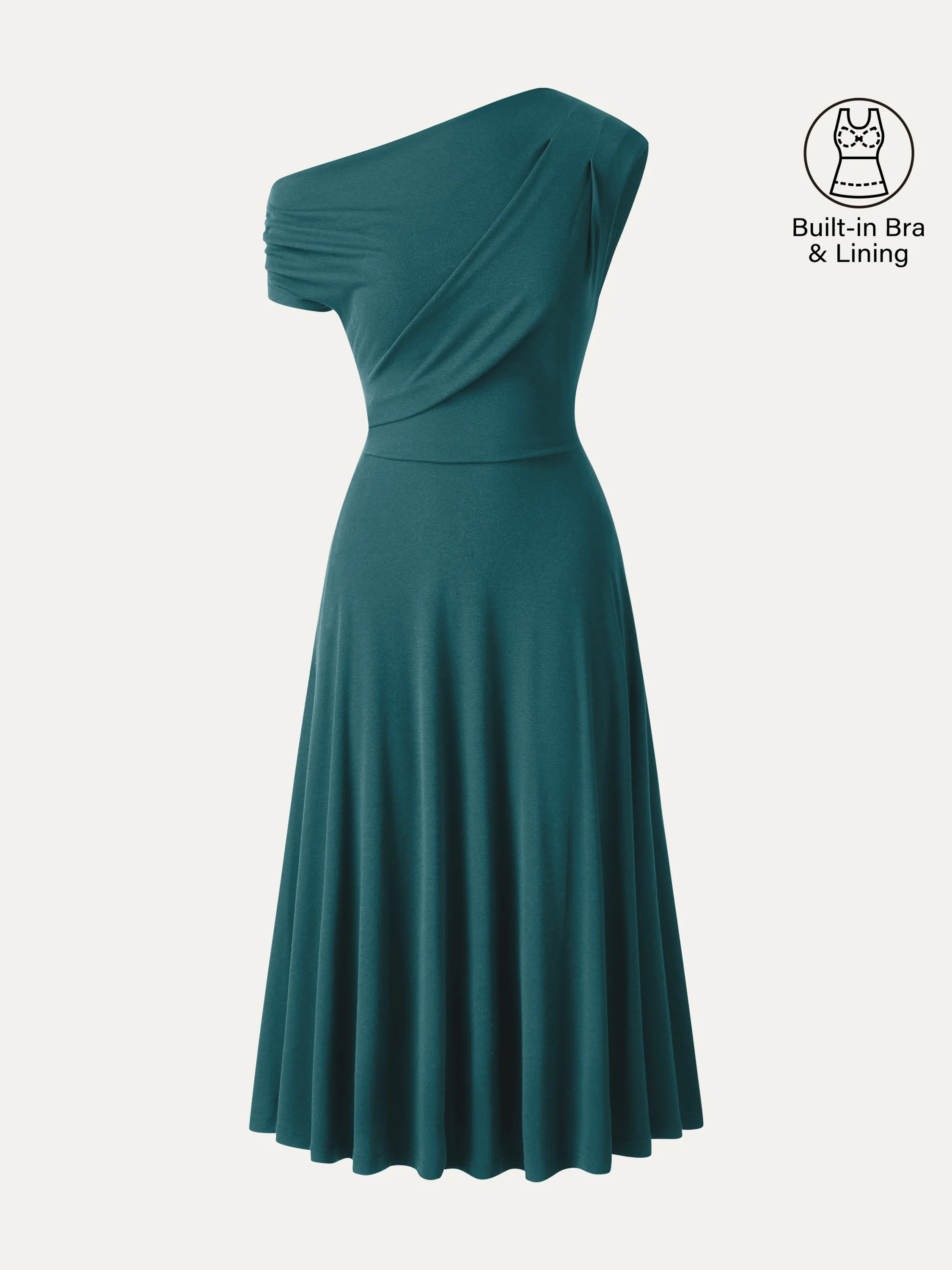 Asymmetrical Shoulder Tucked Midi Bra Dress with Pockets - Image 12