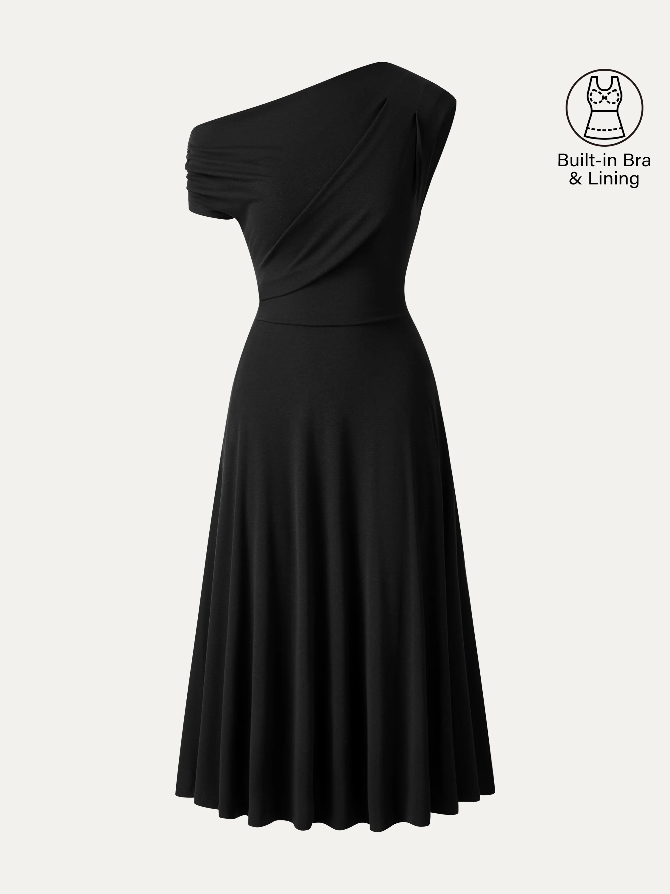 Asymmetrical Shoulder Tucked Midi Bra Dress with Pockets - Image 13