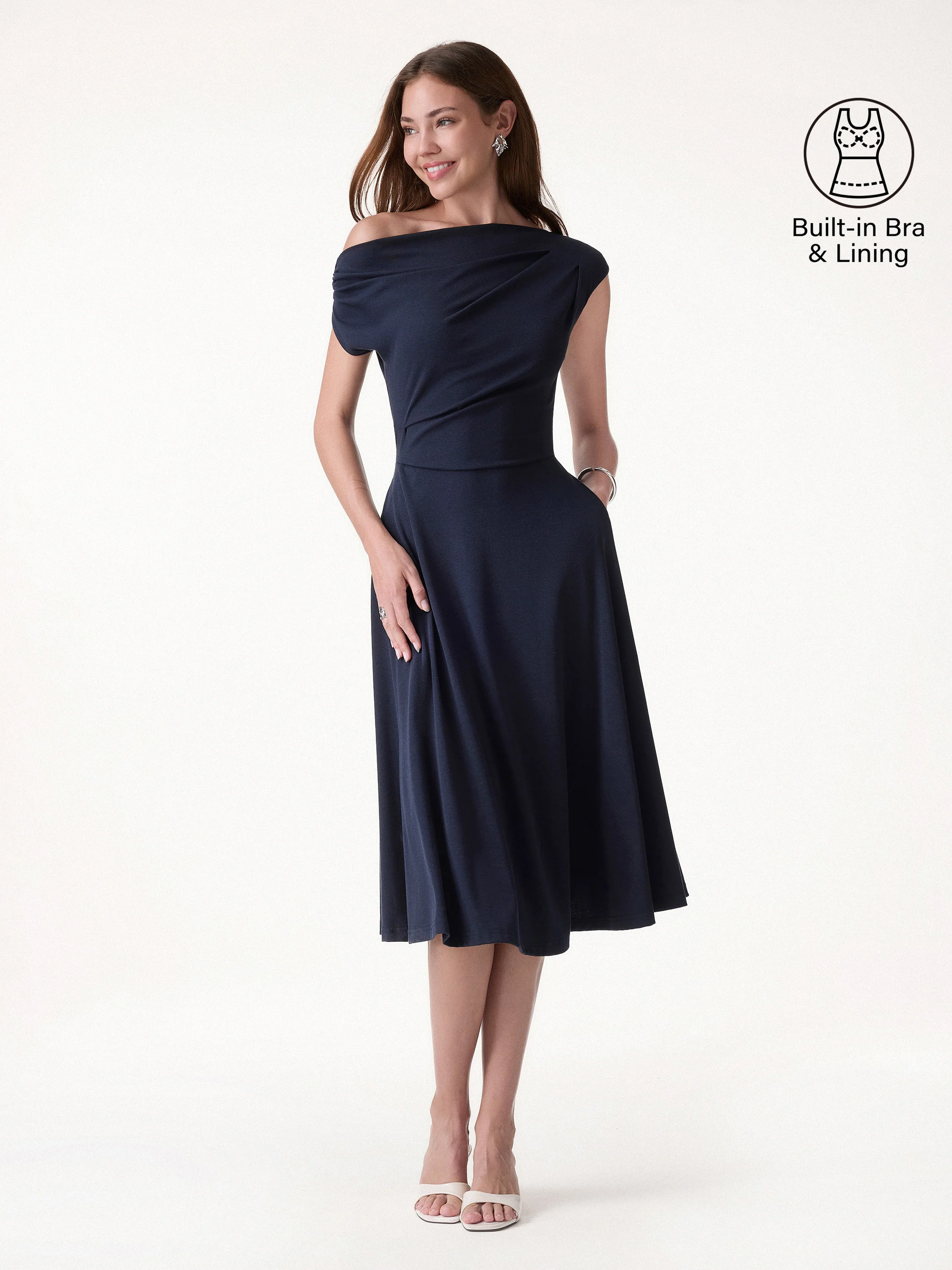 Asymmetrical Shoulder Tucked Midi Bra Dress with Pockets - Image 2