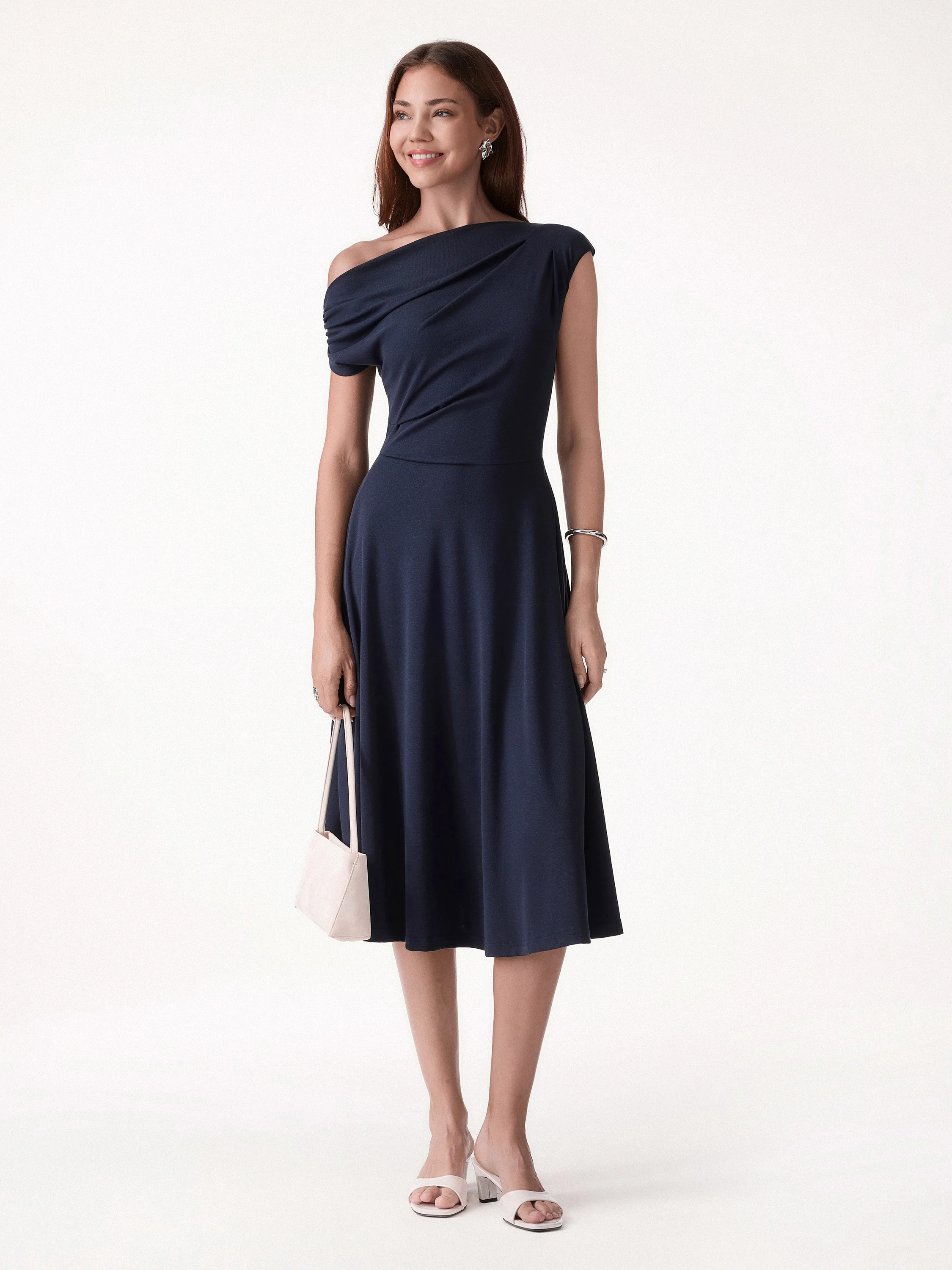Asymmetrical Shoulder Tucked Midi Bra Dress with Pockets - Image 5