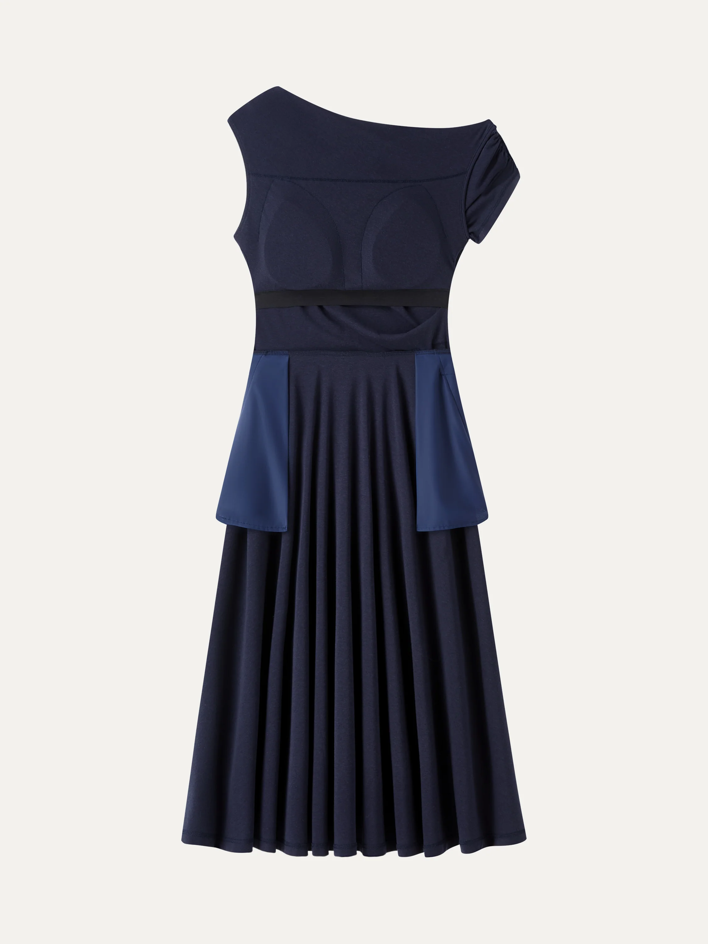 Asymmetrical Shoulder Tucked Midi Bra Dress with Pockets - Image 8