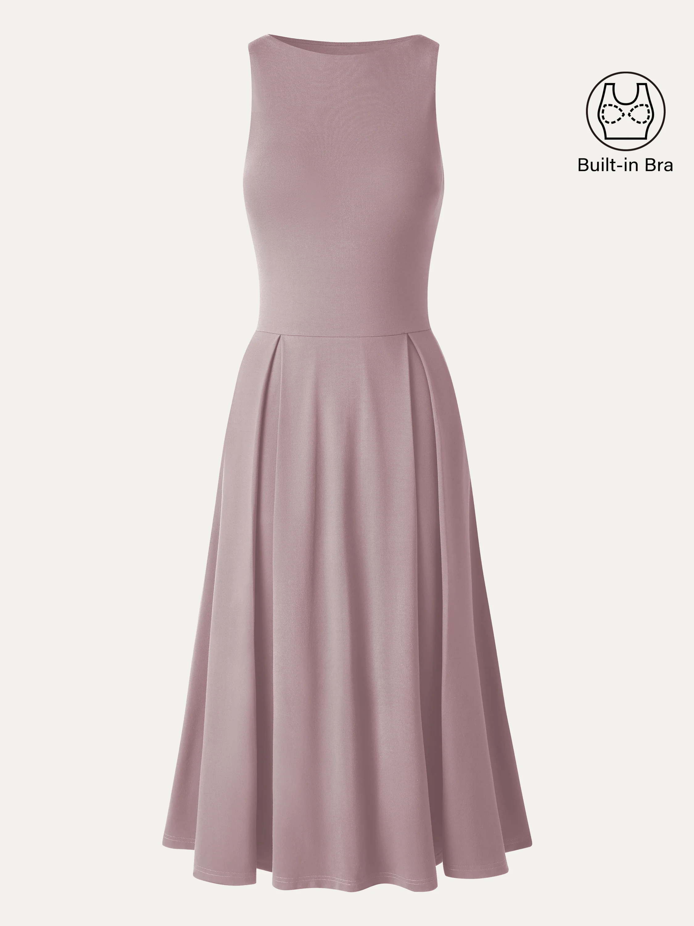 Boatneck Pleated Fit-and-Flare Midi Bra Dress with Pockets - Image 13