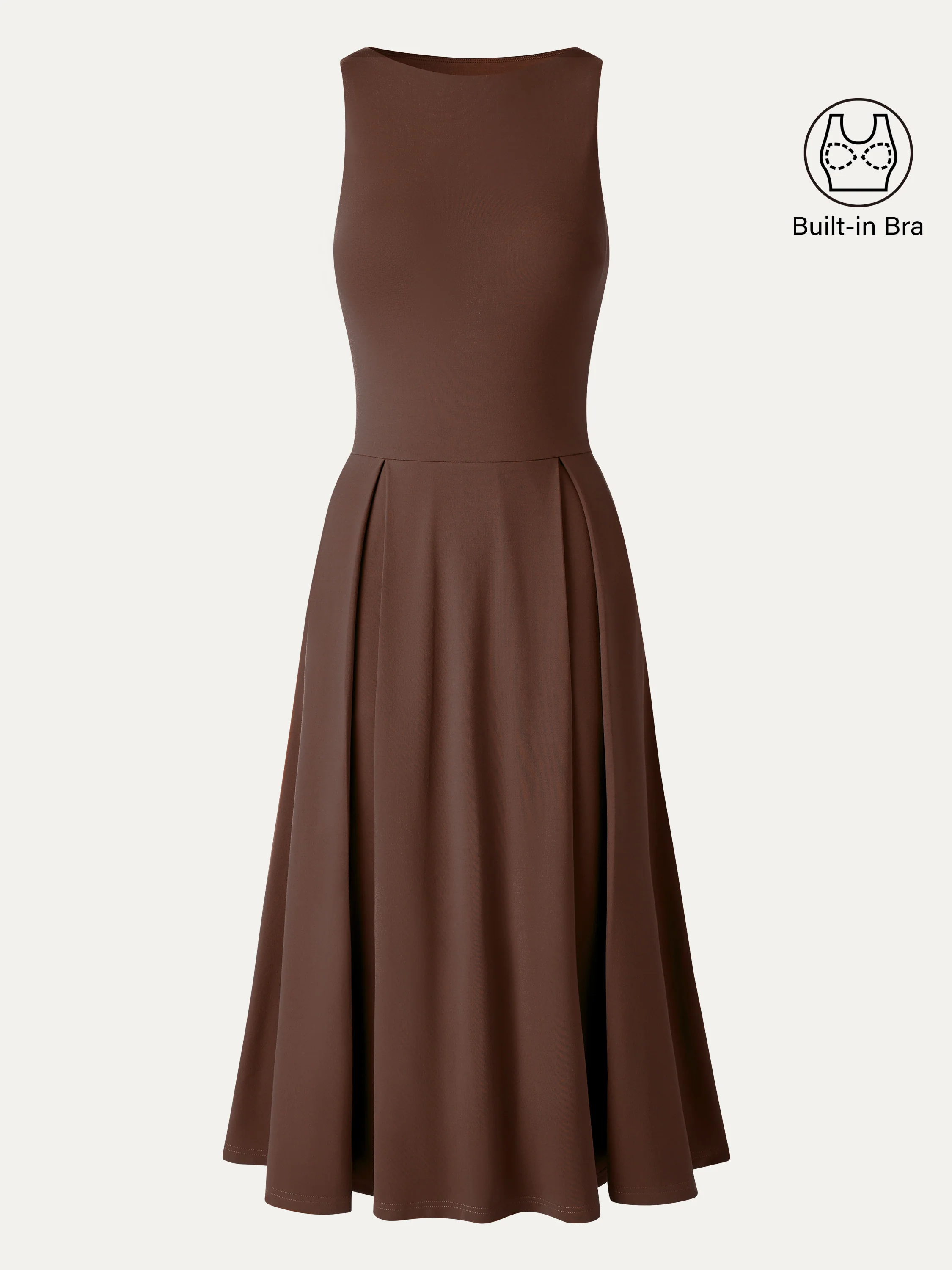 Boatneck Pleated Fit-and-Flare Midi Bra Dress with Pockets - Image 14