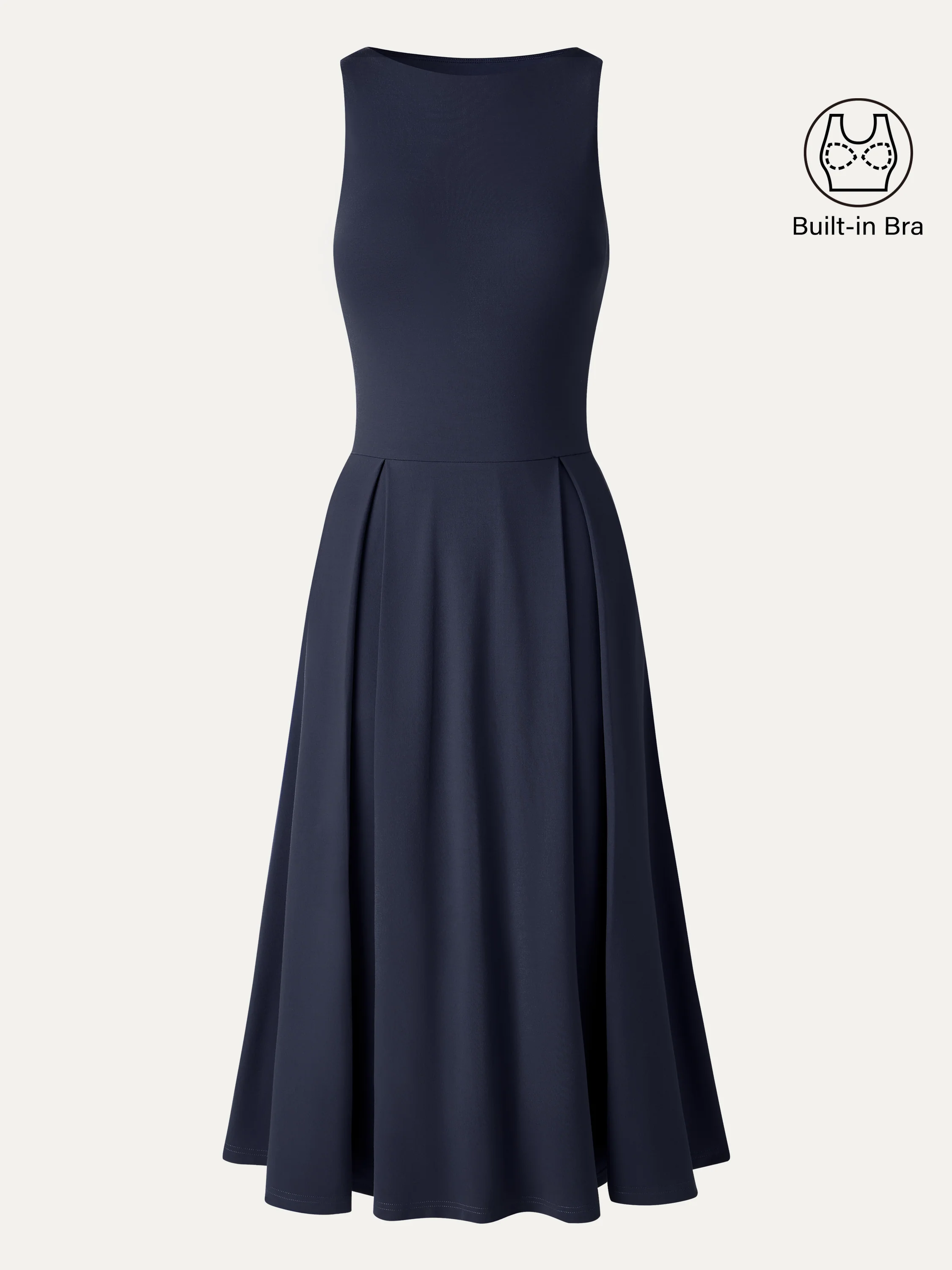 Boatneck Pleated Fit-and-Flare Midi Bra Dress with Pockets - Image 15