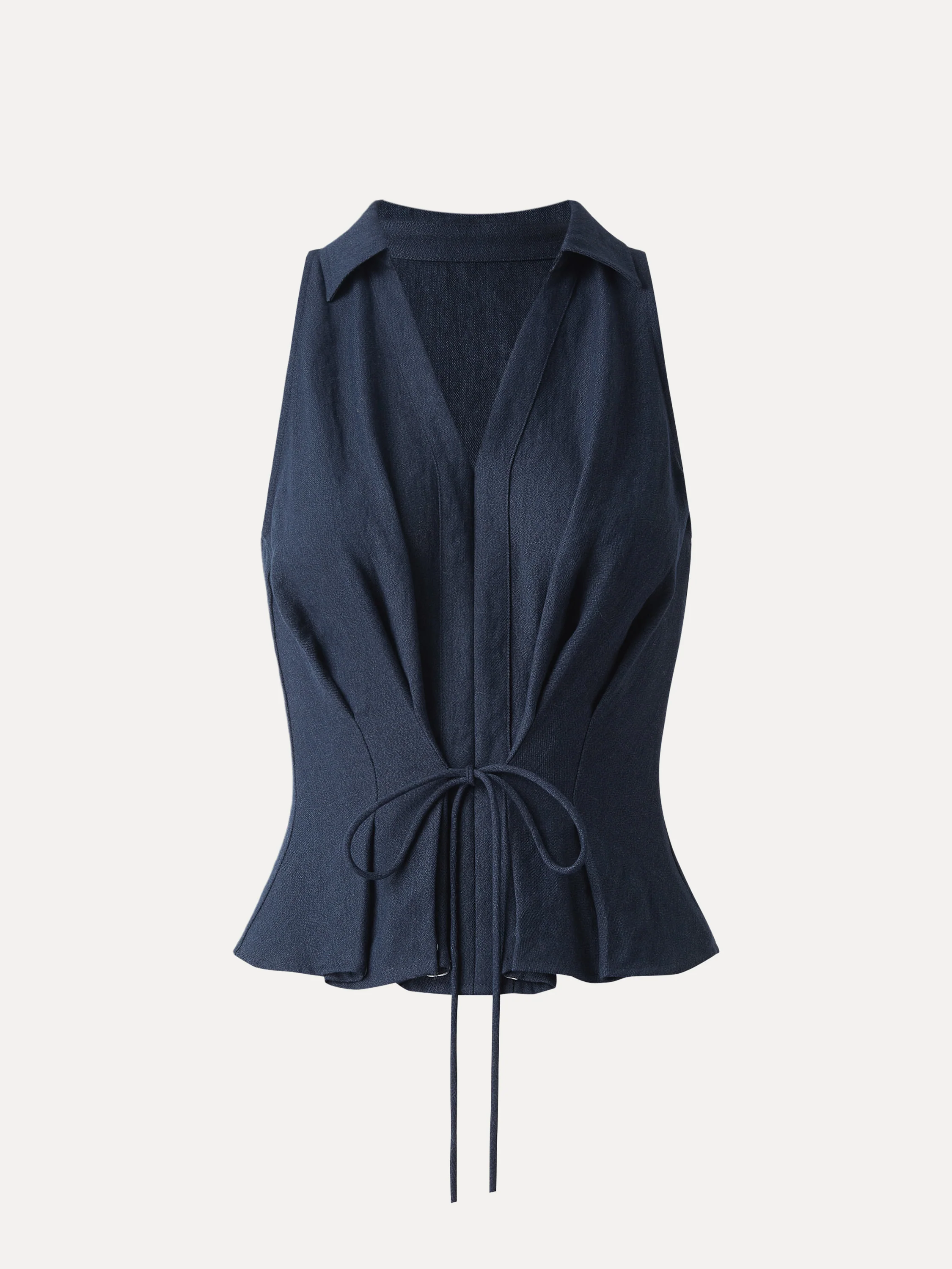 Collared V-neck Pleated Sleeveless Top with Drawstring - Image 13