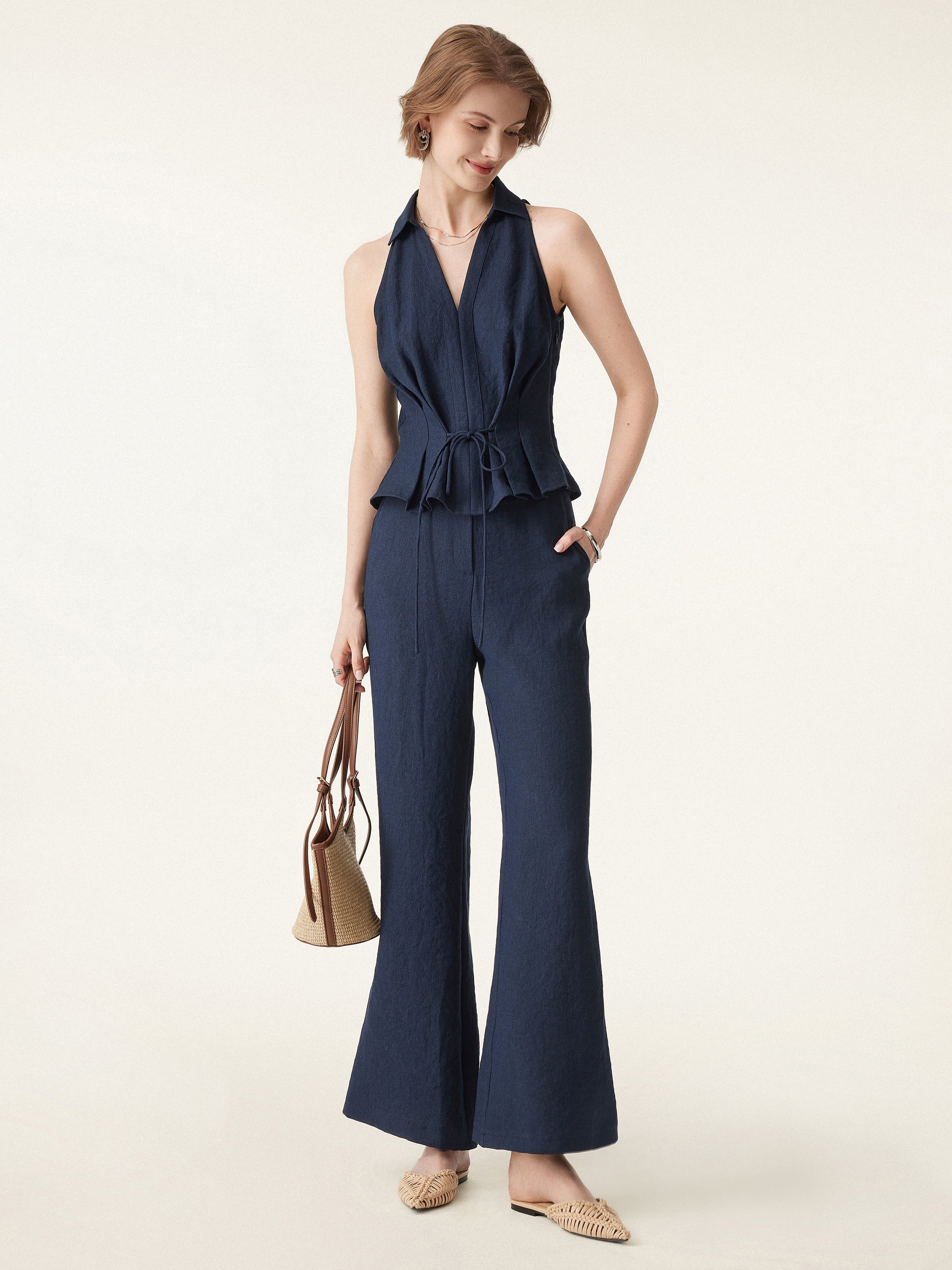 Collared V-neck Pleated Sleeveless Top with Drawstring - Image 4