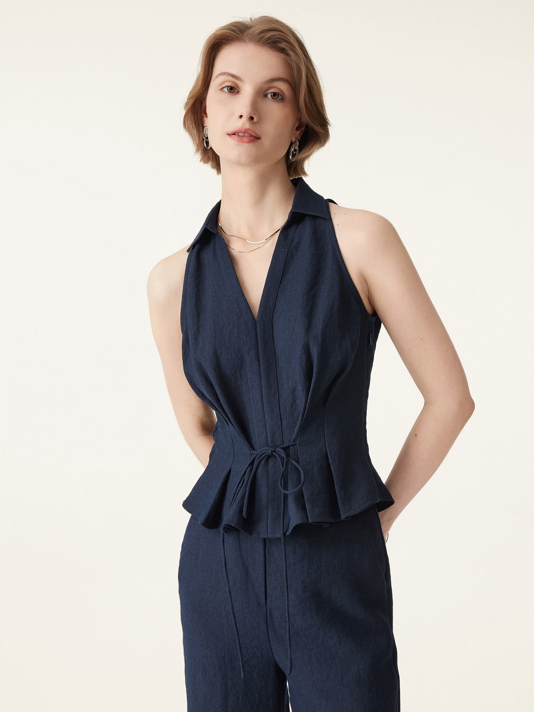 Collared V-neck Pleated Sleeveless Top with Drawstring - Image 6
