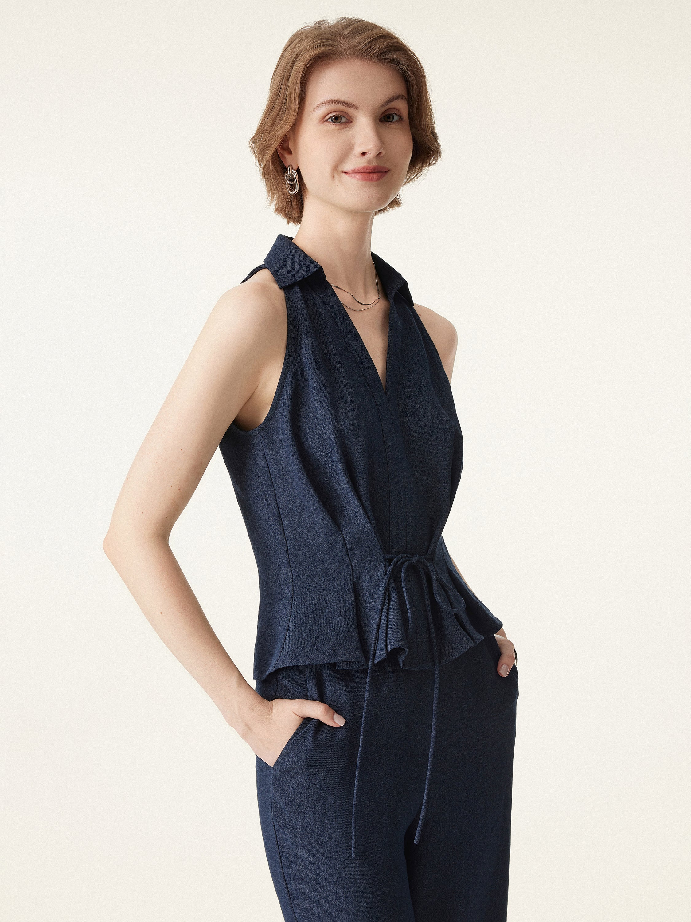 Collared V-neck Pleated Sleeveless Top with Drawstring - Image 7