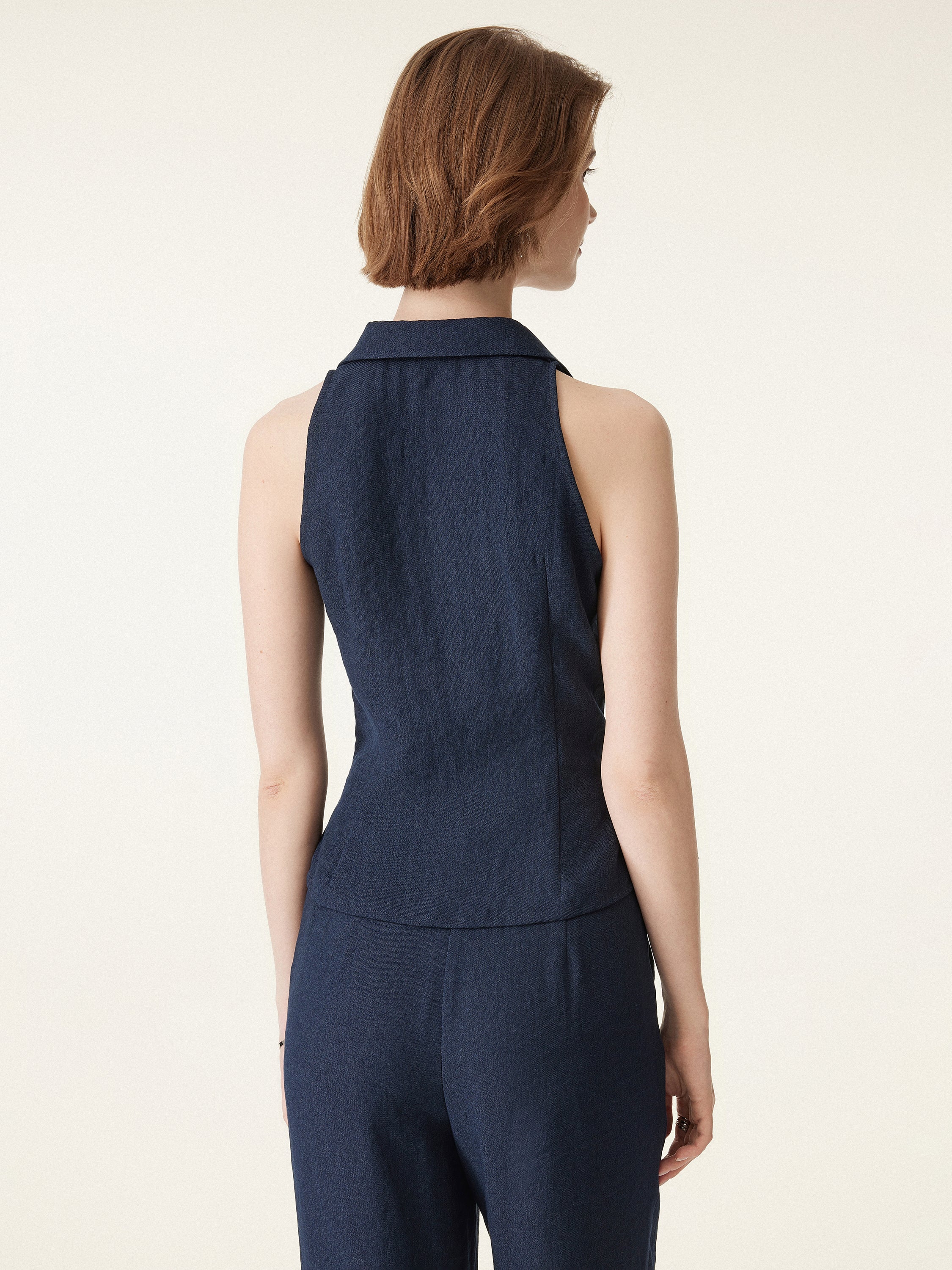 Collared V-neck Pleated Sleeveless Top with Drawstring - Image 9
