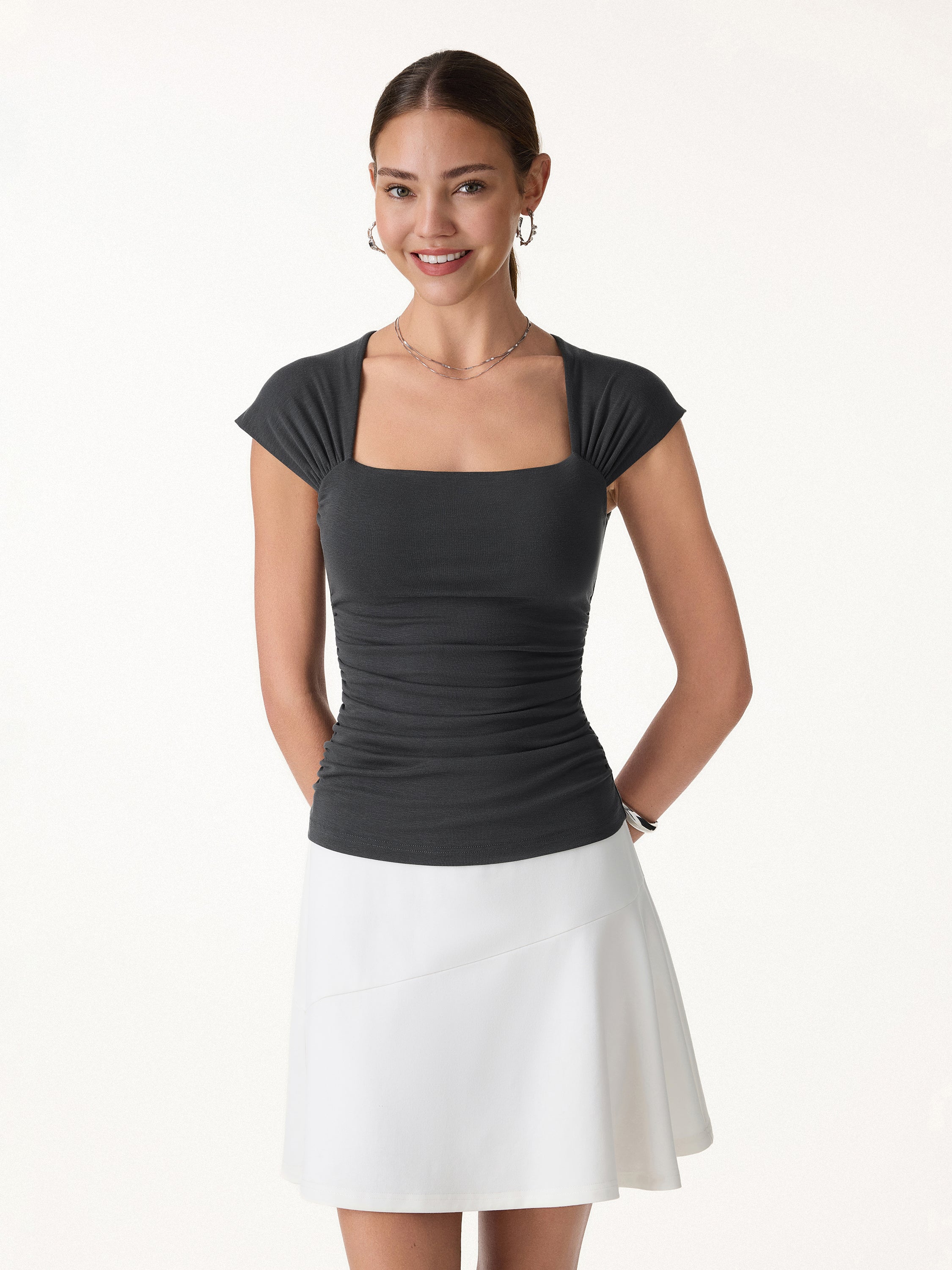 Cool-Touch Square Neck Cap Sleeve Ruched Bra Top - Image 3