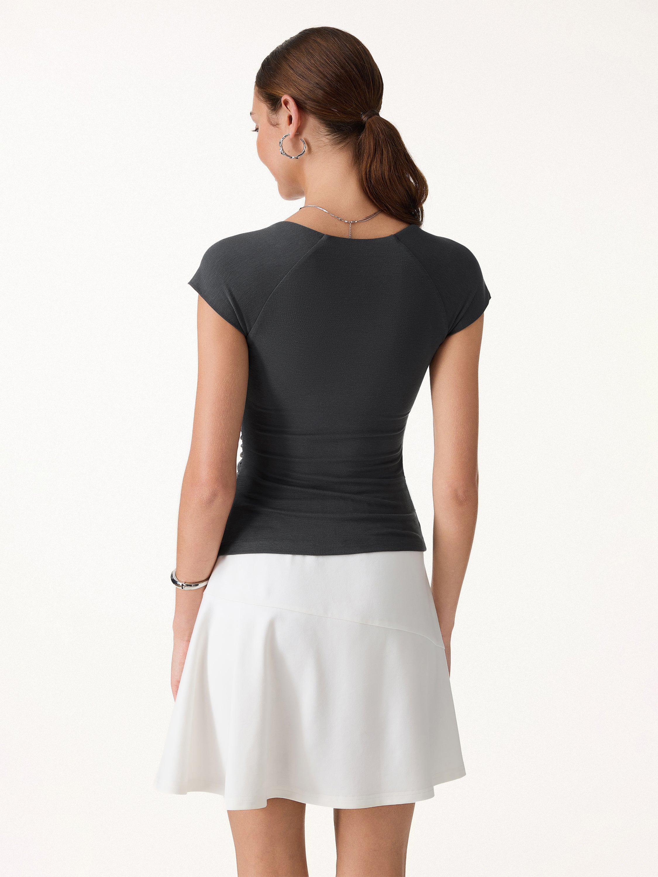 Cool-Touch Square Neck Cap Sleeve Ruched Bra Top - Image 7