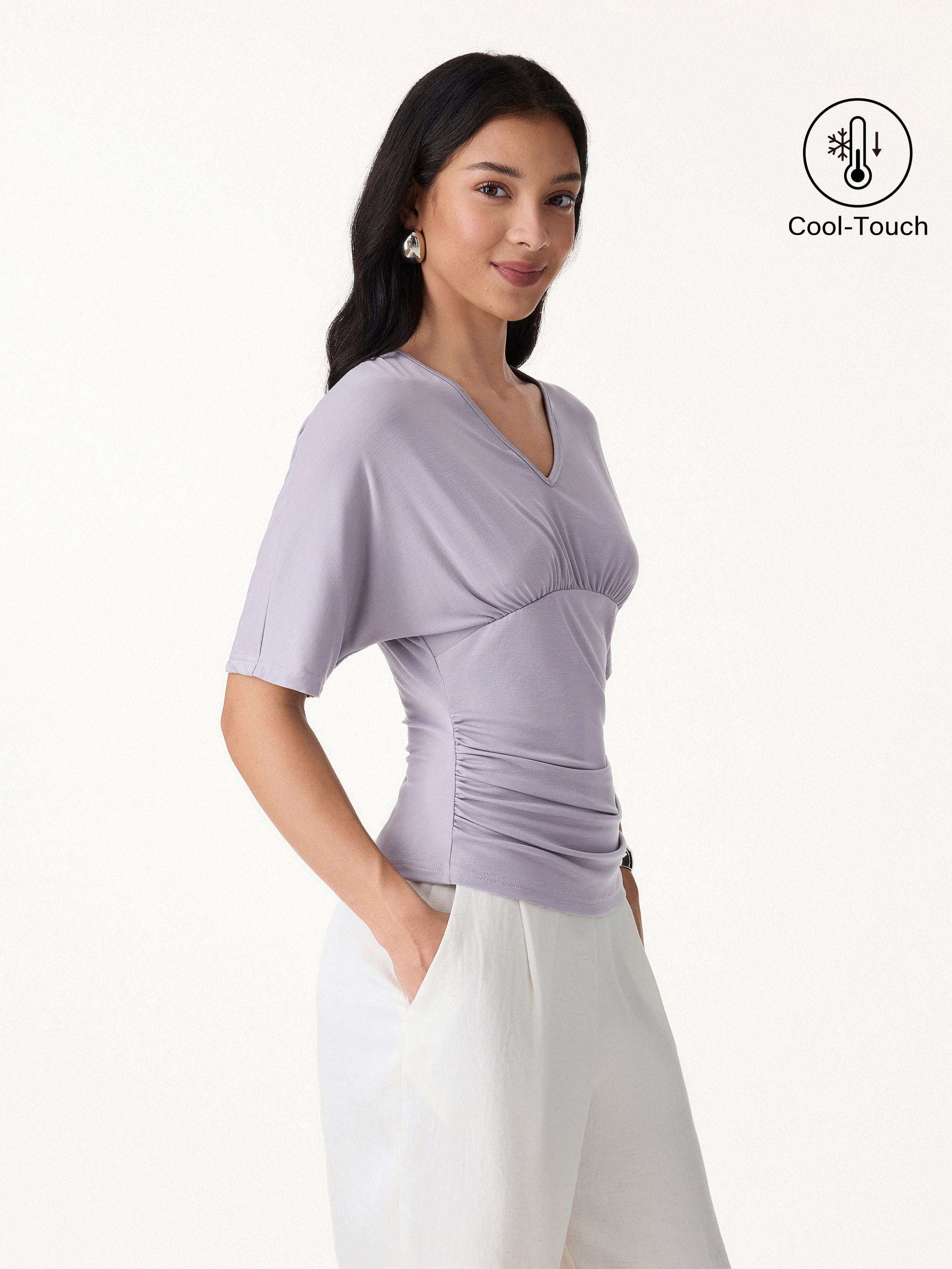 CoolTouch V-Neck Ruched Short Sleeve Summer Tee - Image 3