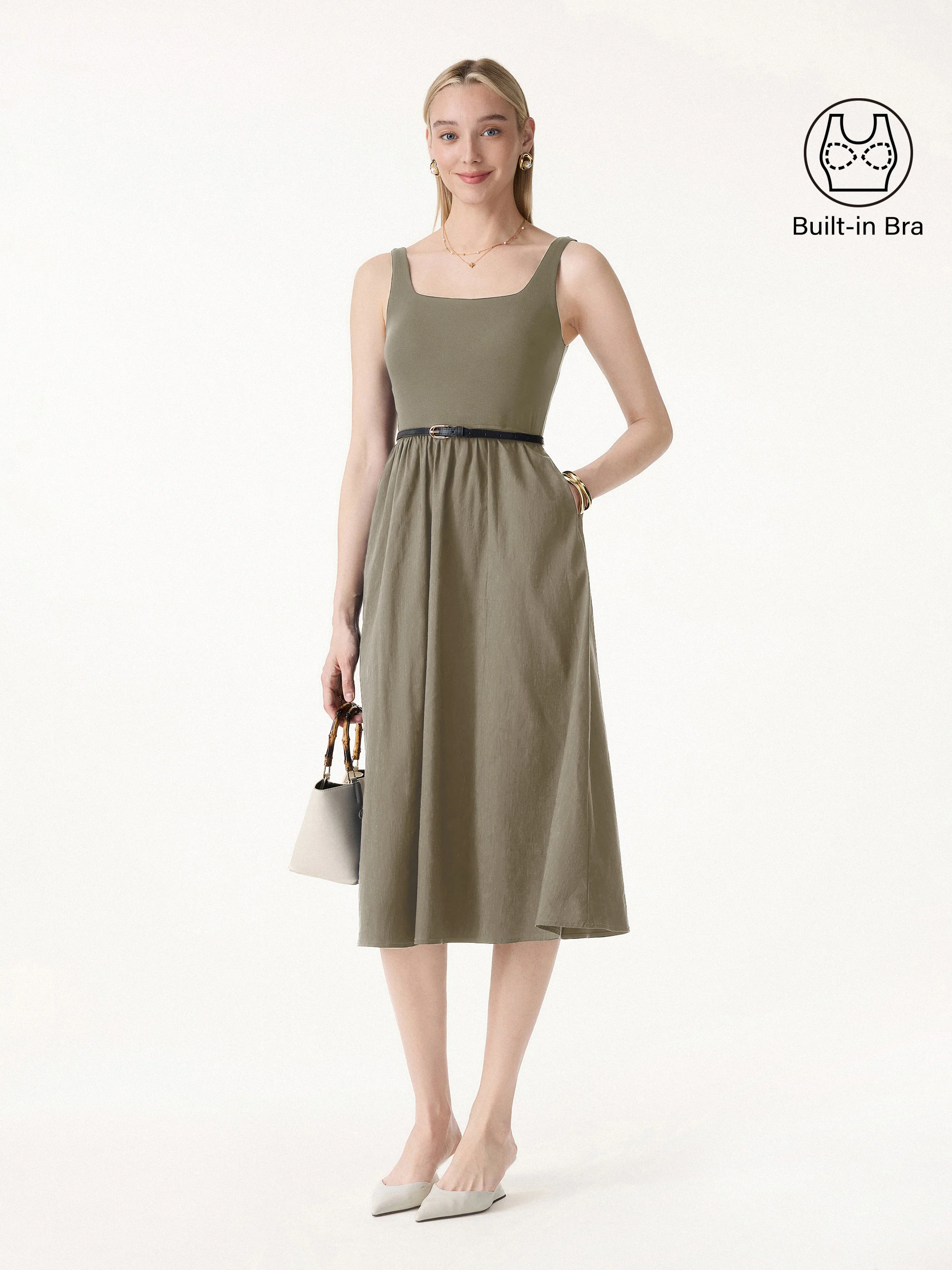 Cotton-Linen Blend Square Neck Fit-and-Flare Midi Bra Dress