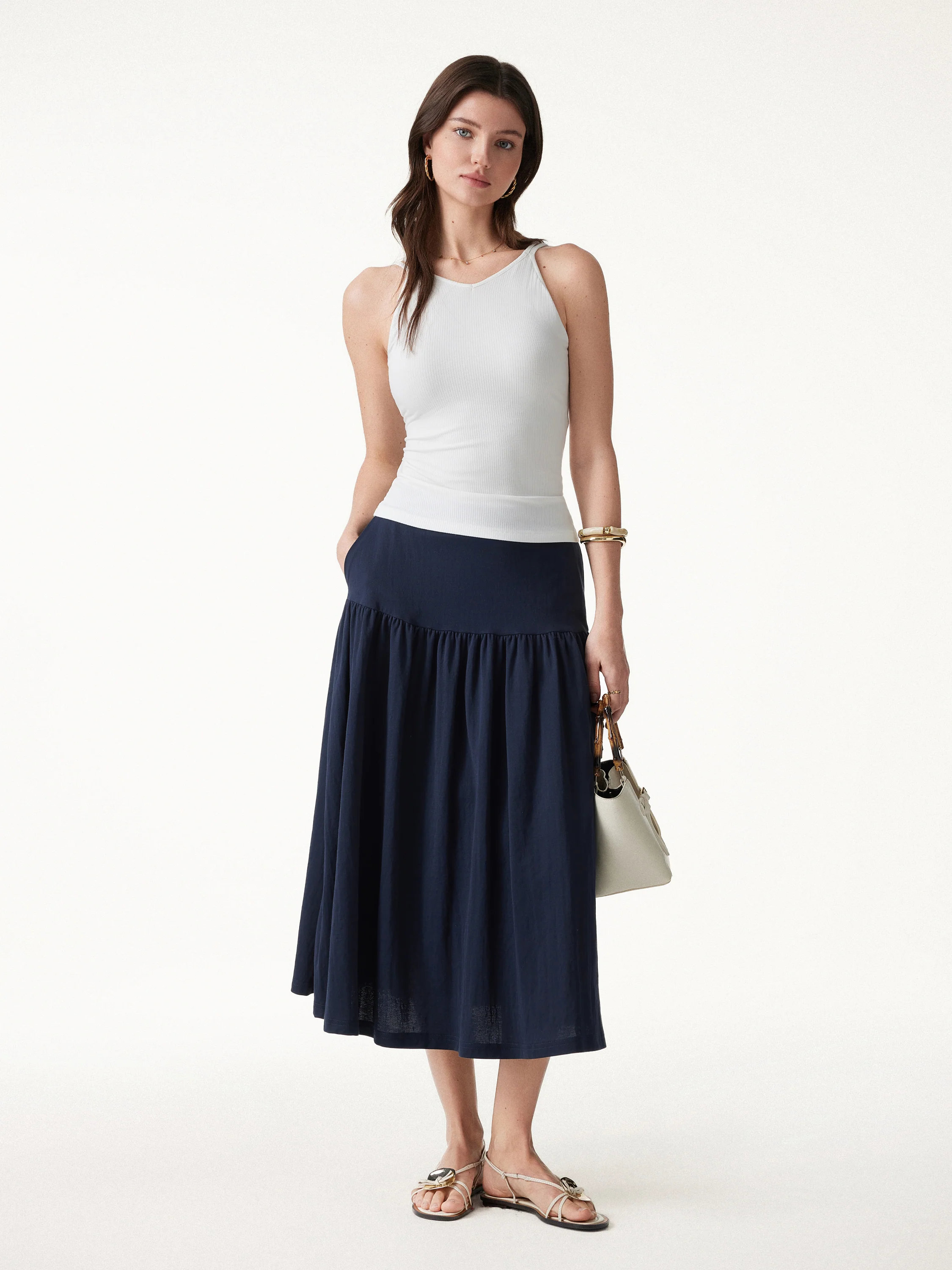 Cotton-Linen Gathered Midi Skirt with Pockets - Image 4