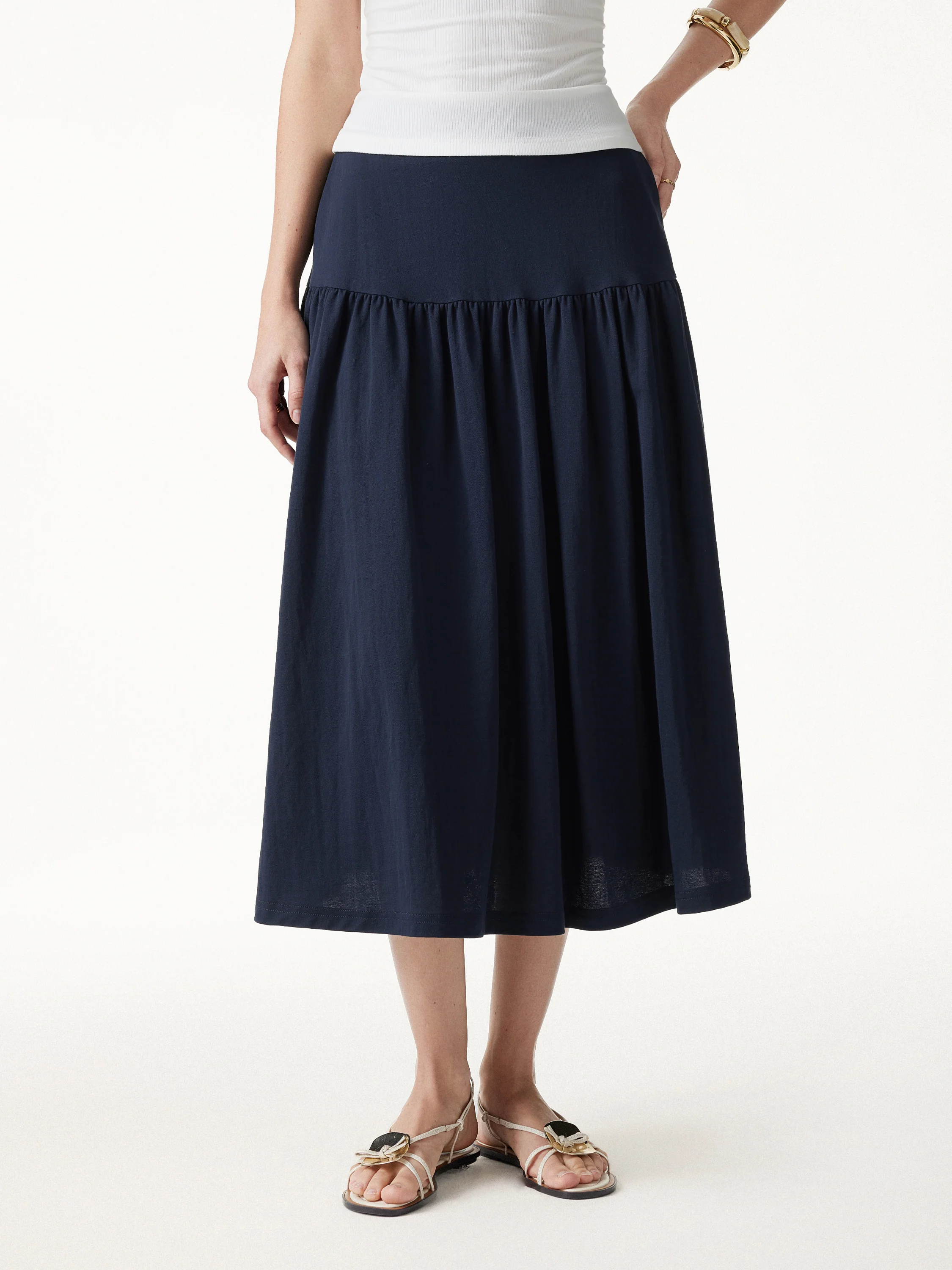 Cotton-Linen Gathered Midi Skirt with Pockets - Image 5