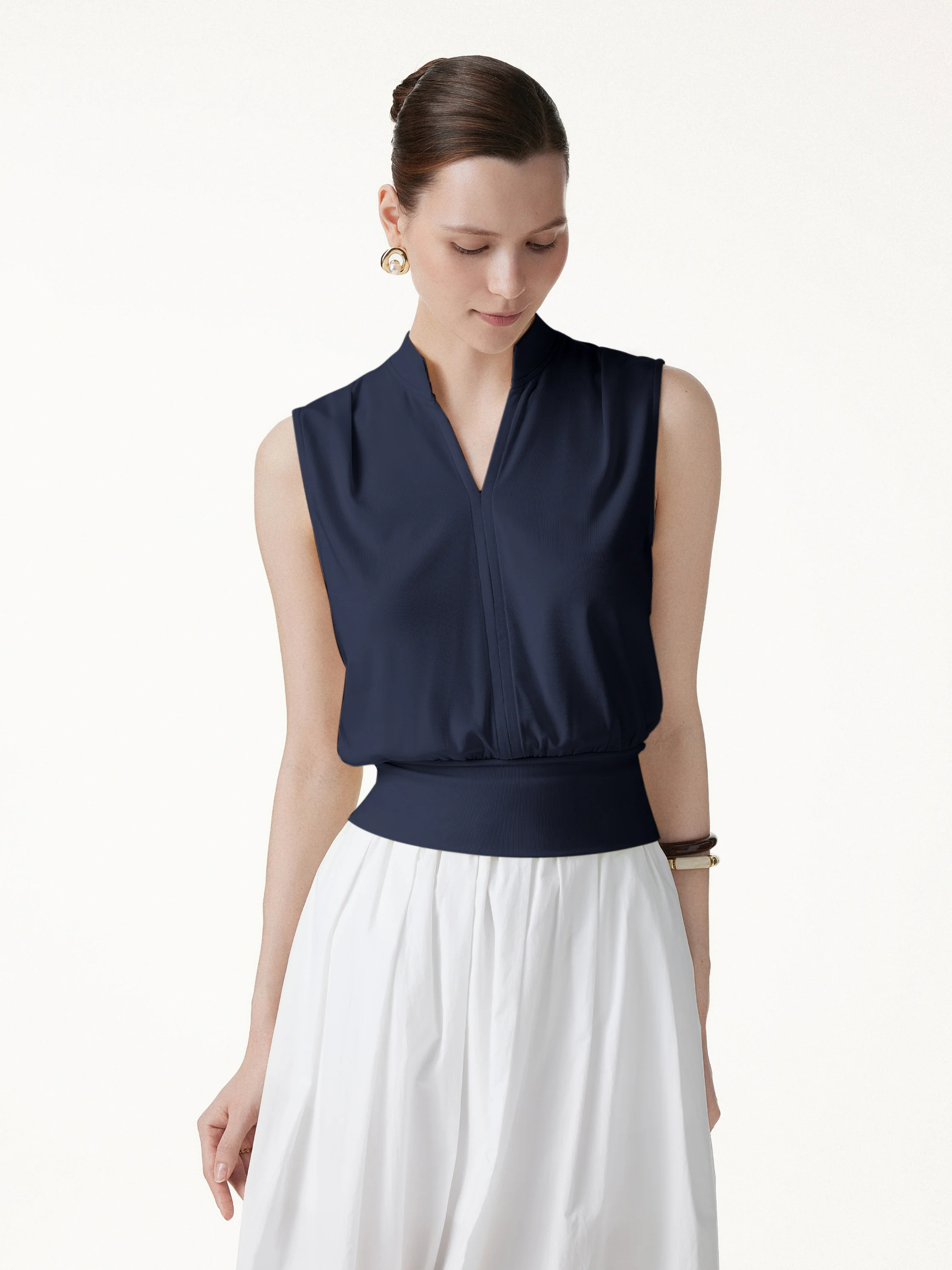 Cotton-Viscose V-neck Stand Collar Sleeveless Top - Image 11
