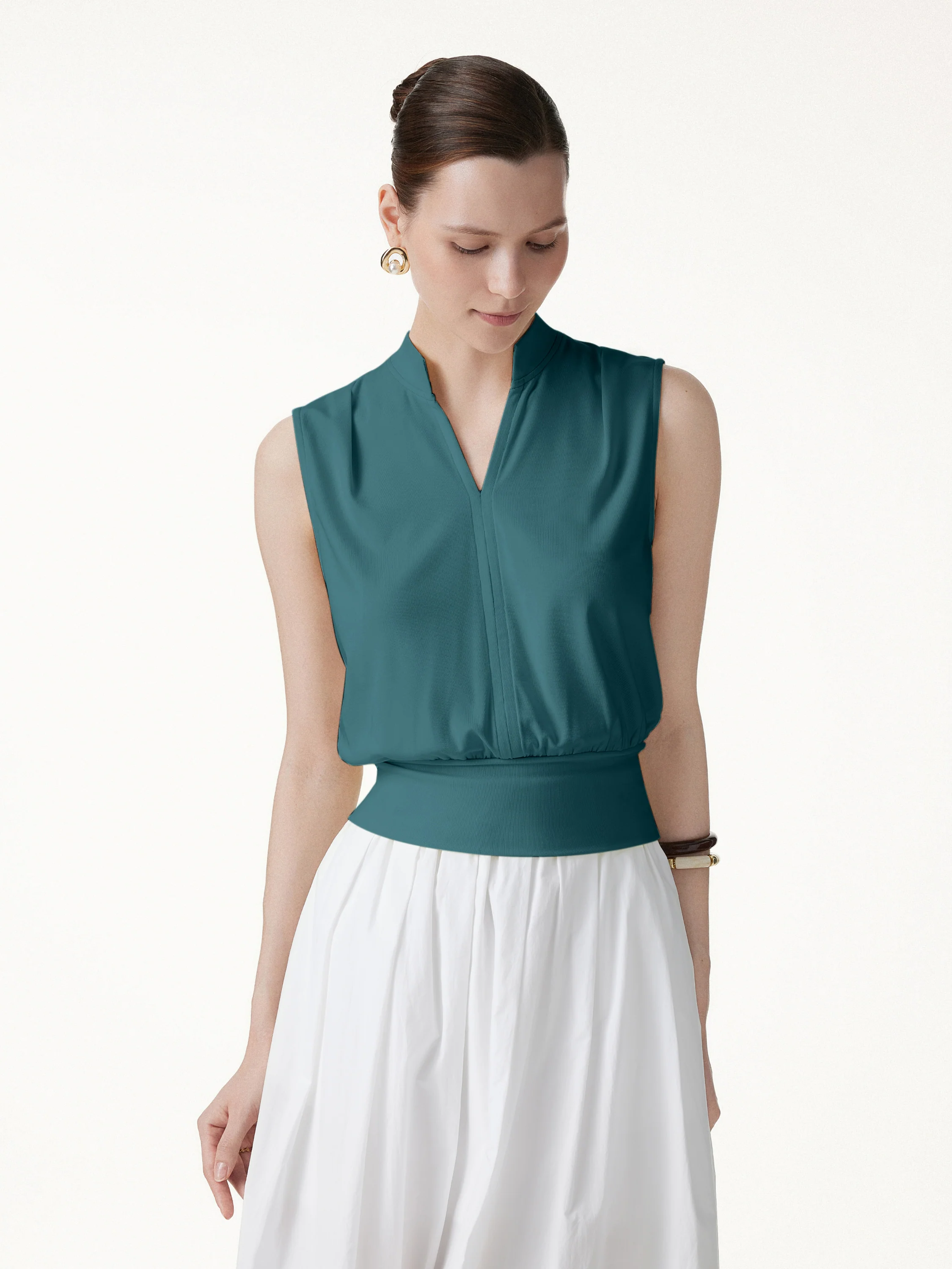 Cotton-Viscose V-neck Stand Collar Sleeveless Top - Image 13