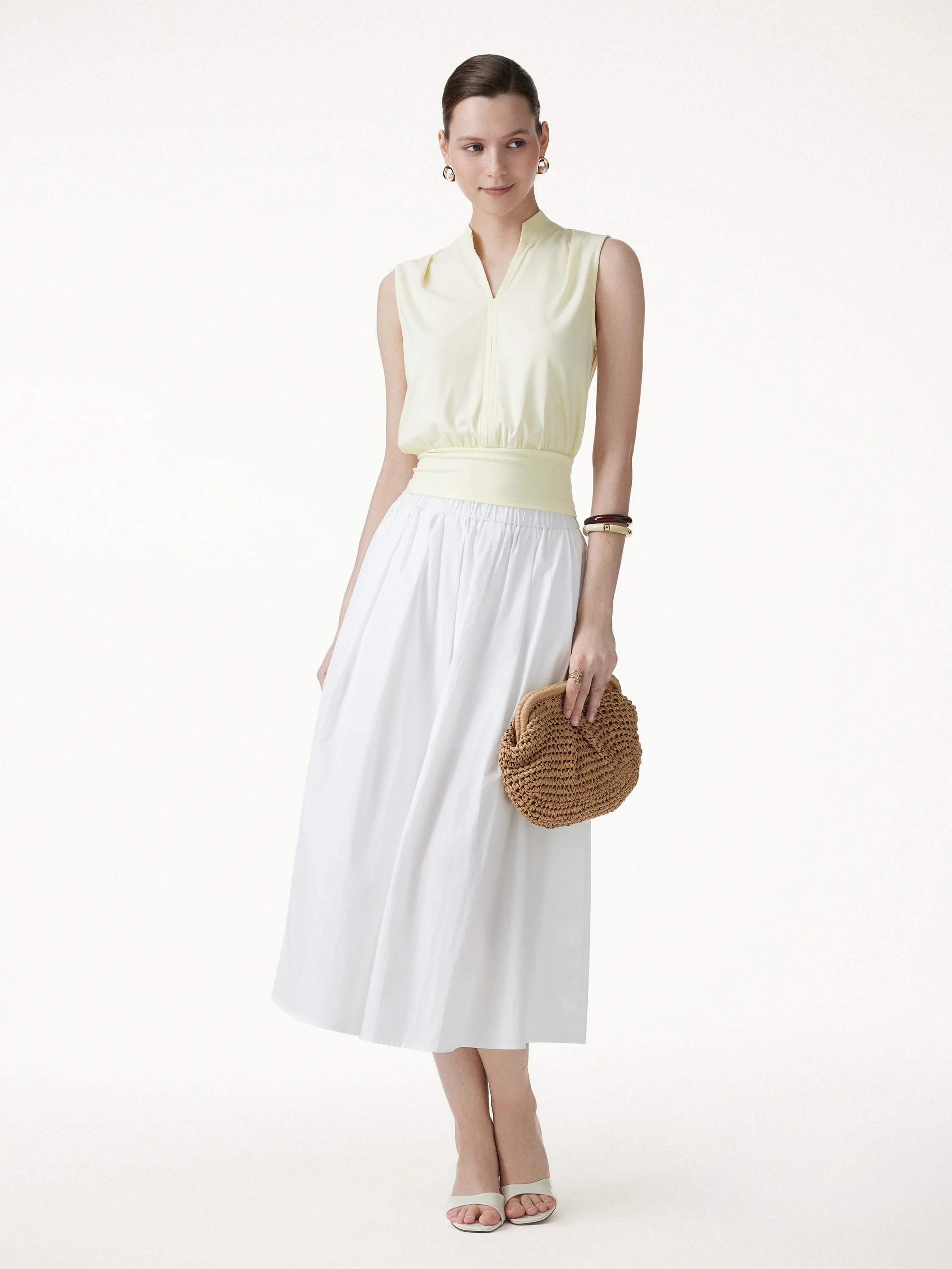 Cotton-Viscose V-neck Stand Collar Sleeveless Top - Image 4
