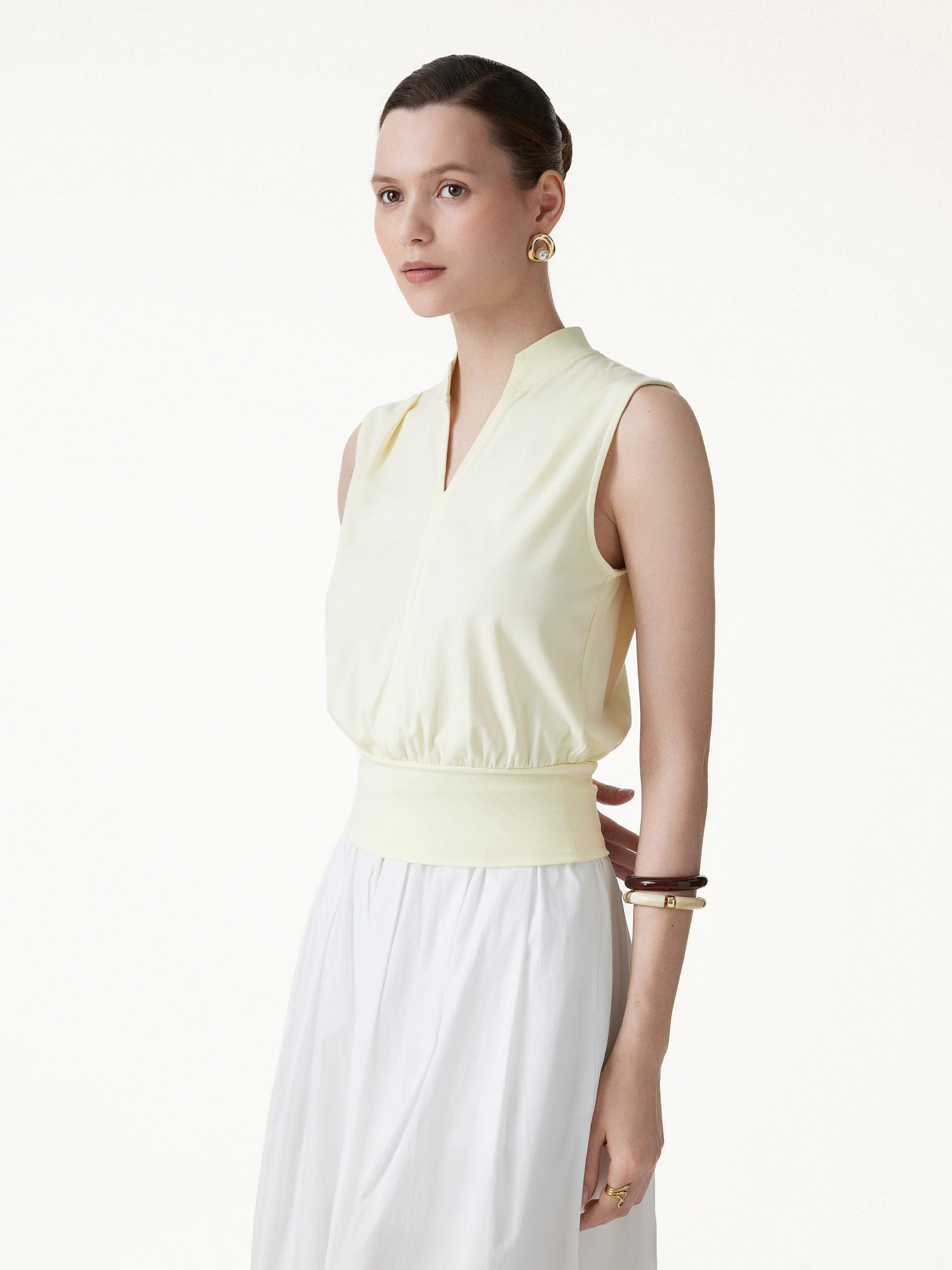 Cotton-Viscose V-neck Stand Collar Sleeveless Top - Image 6
