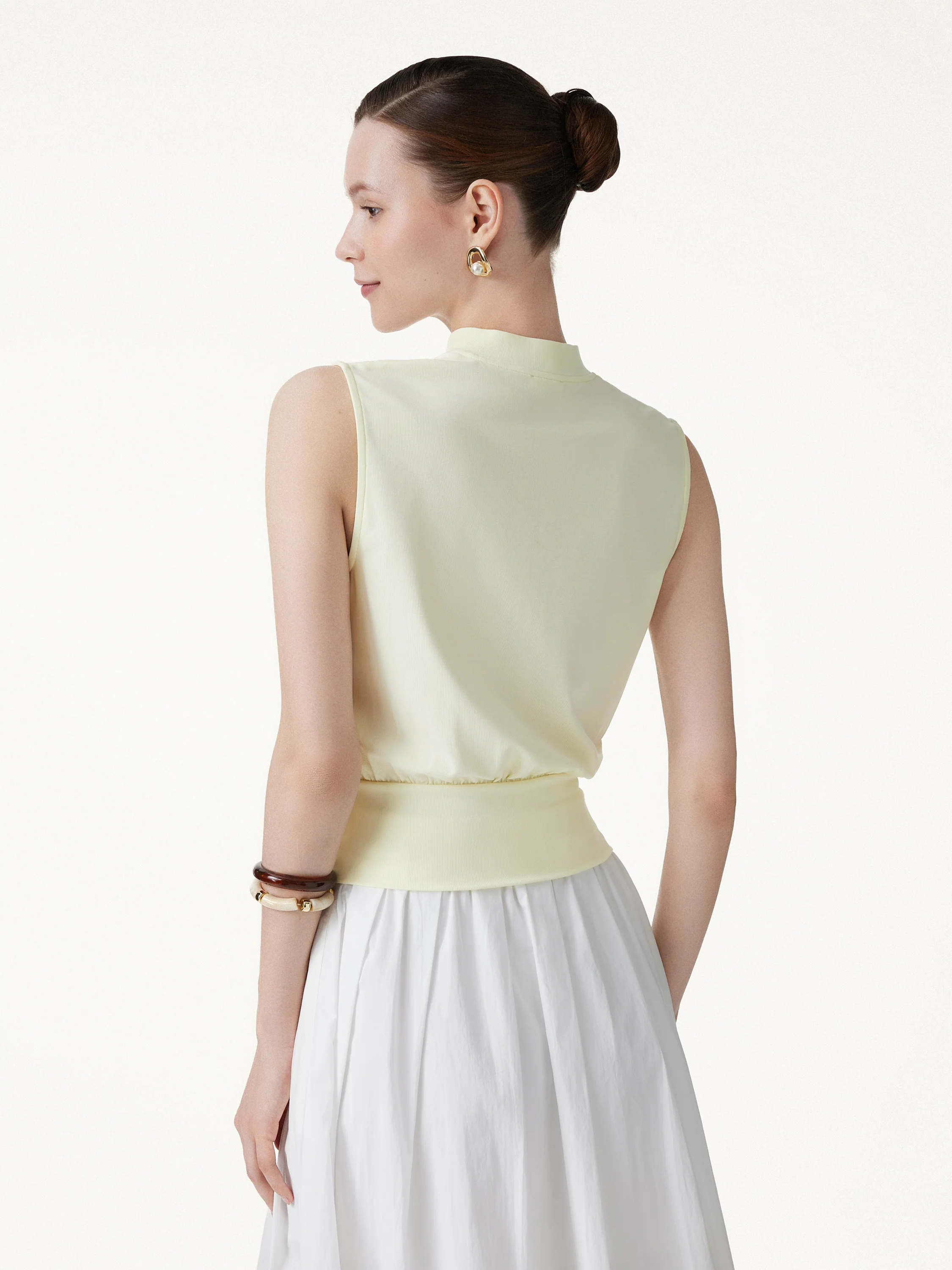 Cotton-Viscose V-neck Stand Collar Sleeveless Top - Image 7