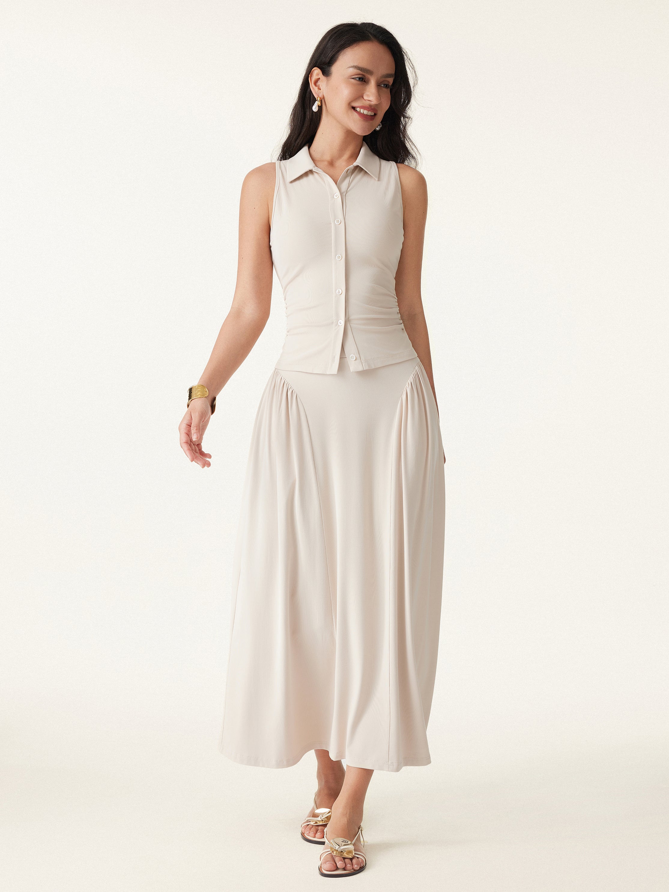Curved Gathering Flared Midi Skirt with Pockets - Image 4